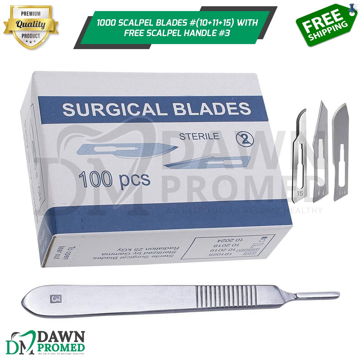 1000 Sterile Surgical Blades #10+ #11+ #15 FREE BP Scalpel Handle #3 Medical ENT