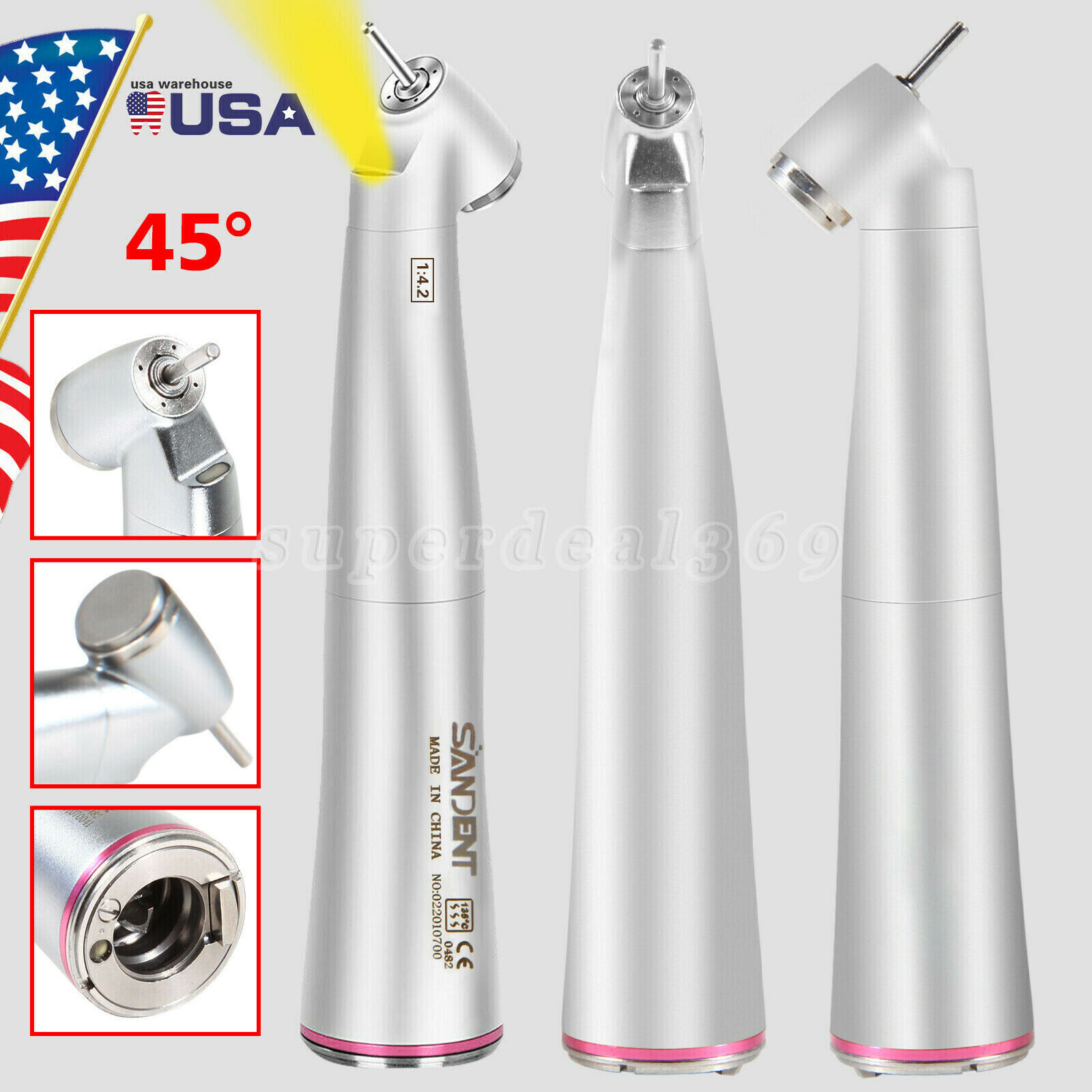 45° Angle Head Dental 1:4.2 Increasing LED Optic Contra Angle handpiece Inner US