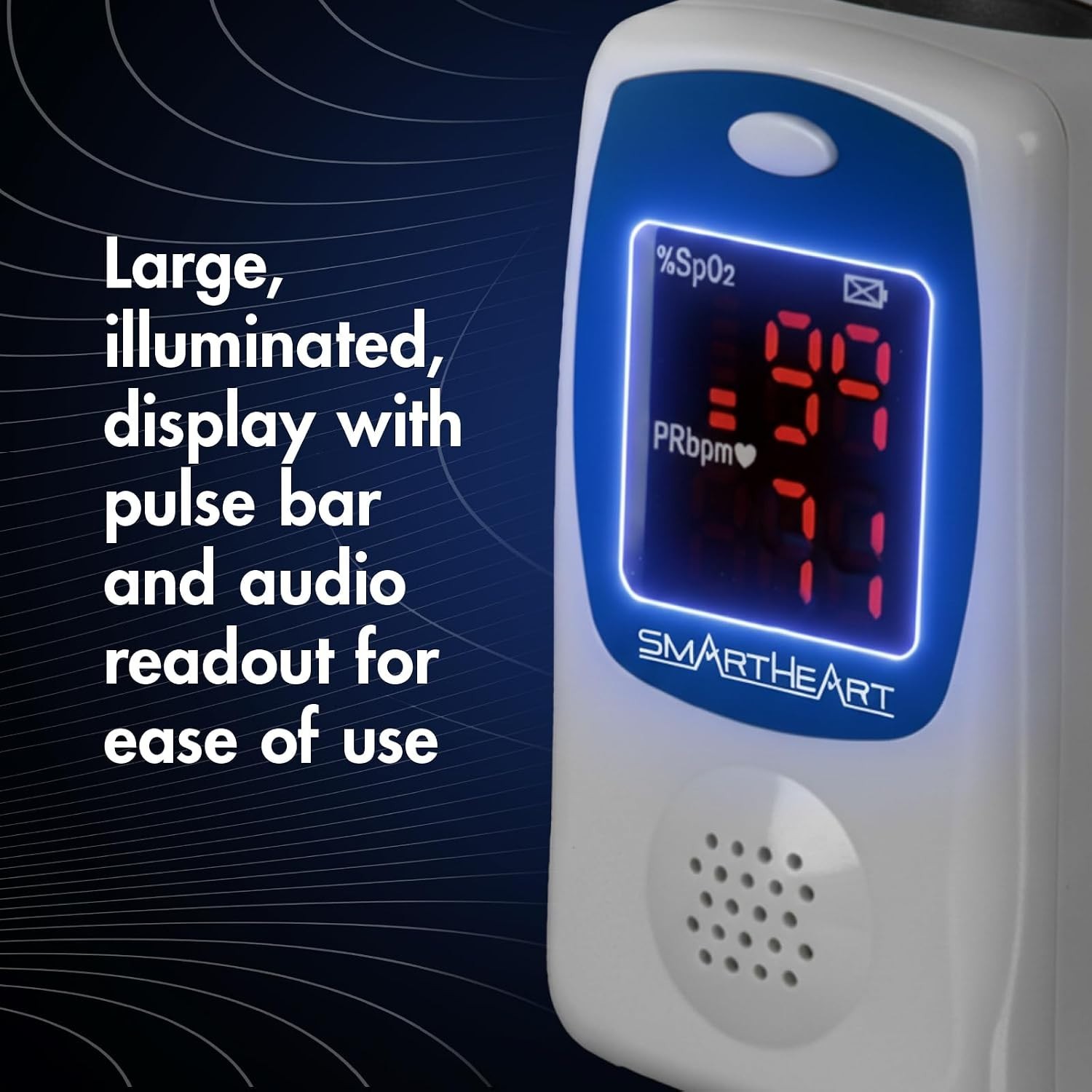 Portable Blue Fingertip Pulse Oximeter with Audible Alerts and Comfortable Fit