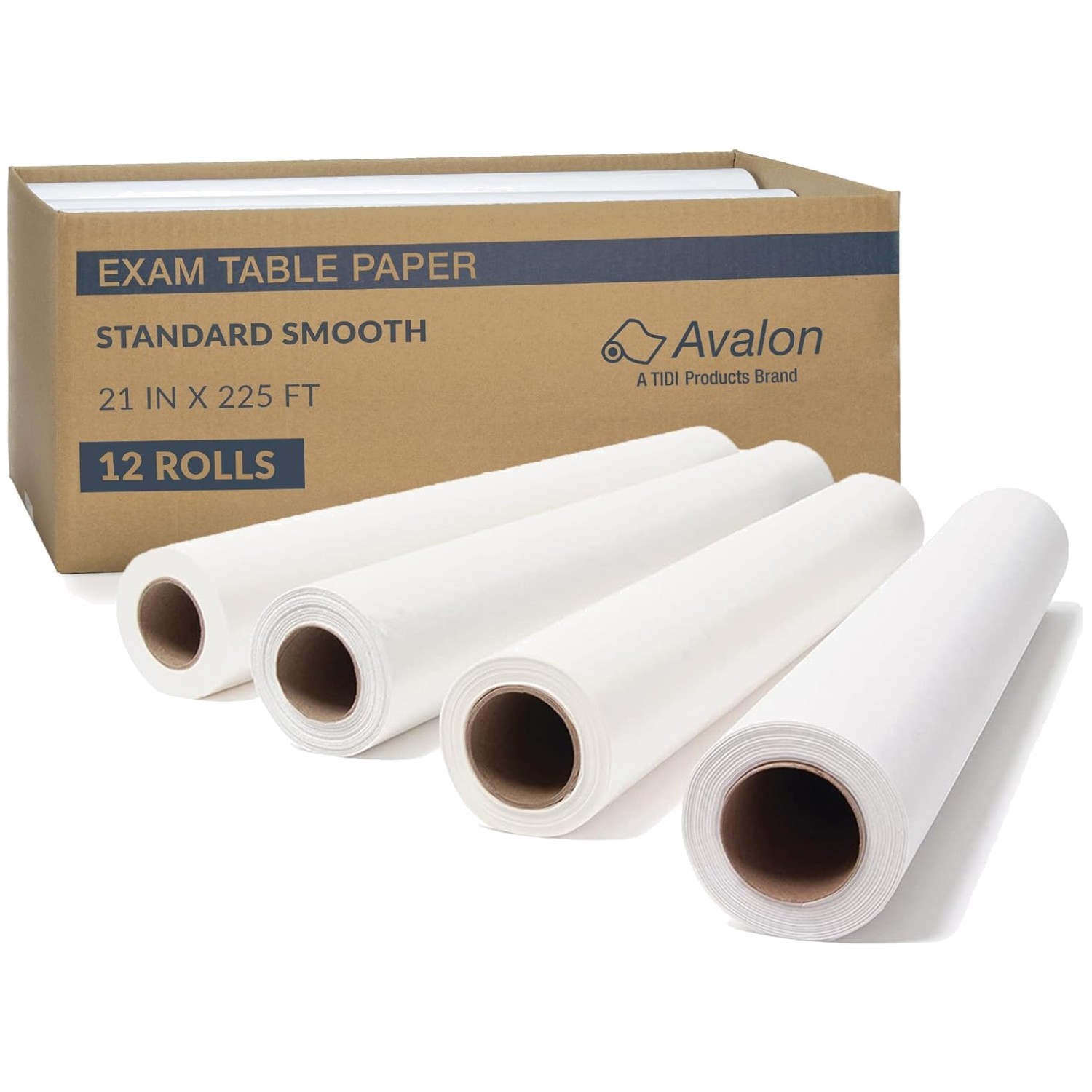 Pack of 12 Avalon White Table Paper Rolls 21” x 225’ – Latex-Free Solution