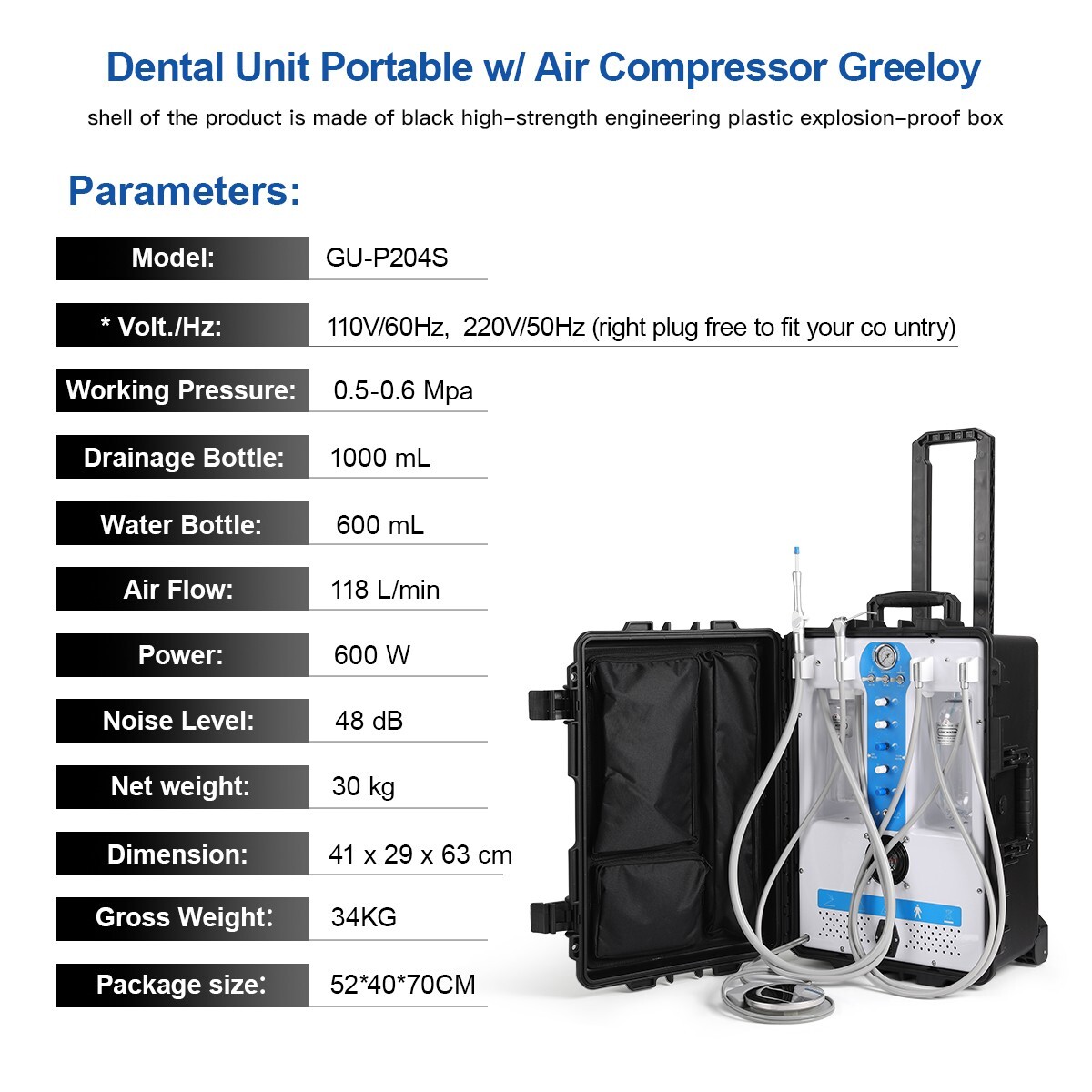 Dental Mobile Delivery Unit Rolling Cart Strong Suction Air Compressor Syringe