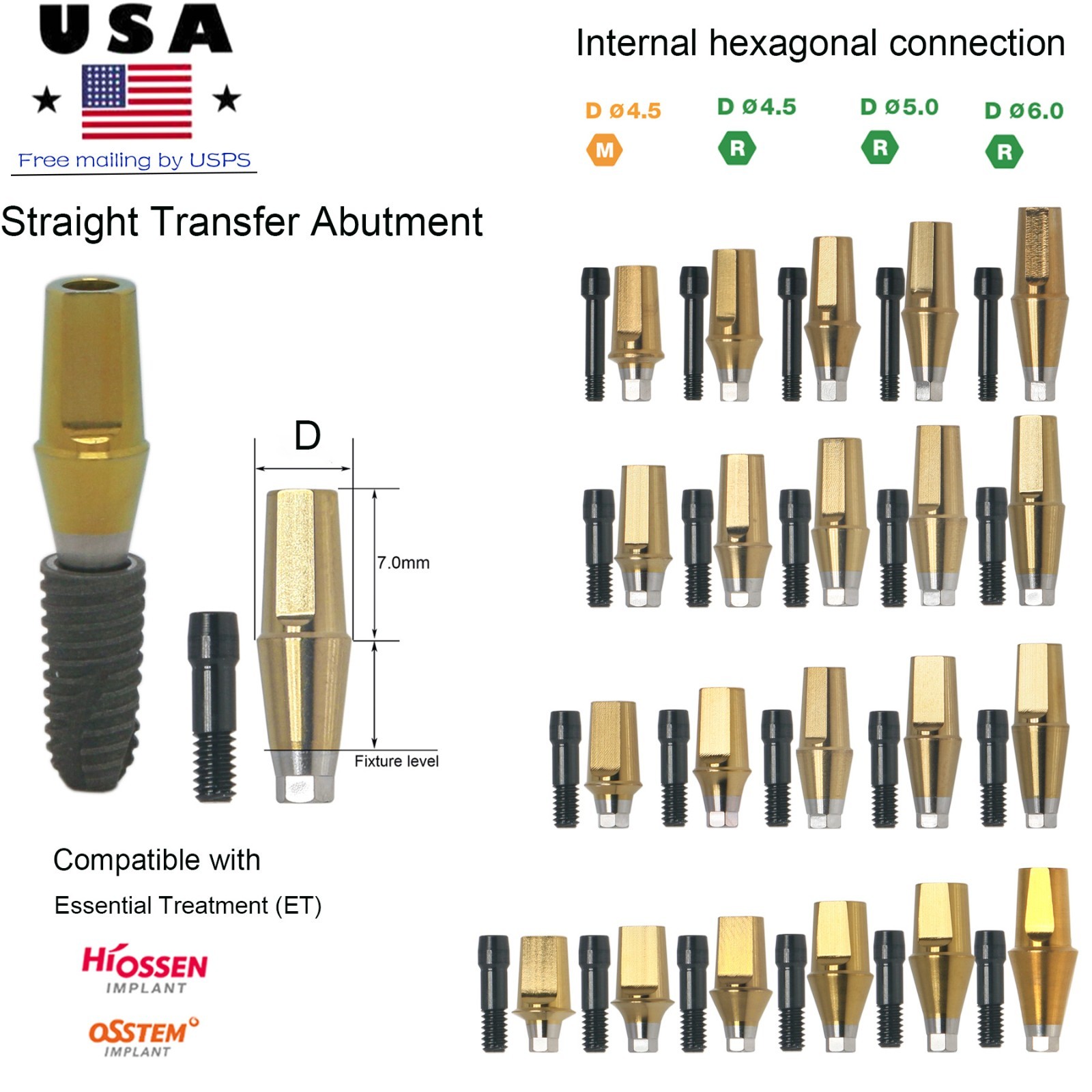 Hiossen ET Straight Ti Cemented Abutment M/S Hex 2.1/2.5mm Conical Replica Screw