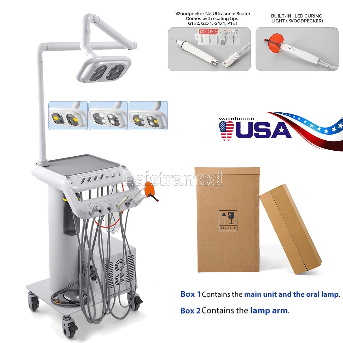 Portable Dental Mobile Delivery Unit Cart System Air Compressor &Surgical Lamp