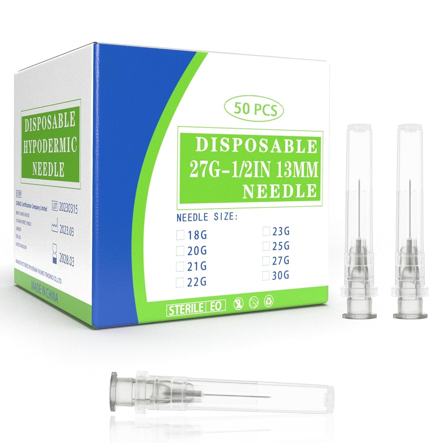 50 Pack 27 Ga 1/2 inch Disposable Needles with Caps for Scientific and Indus…