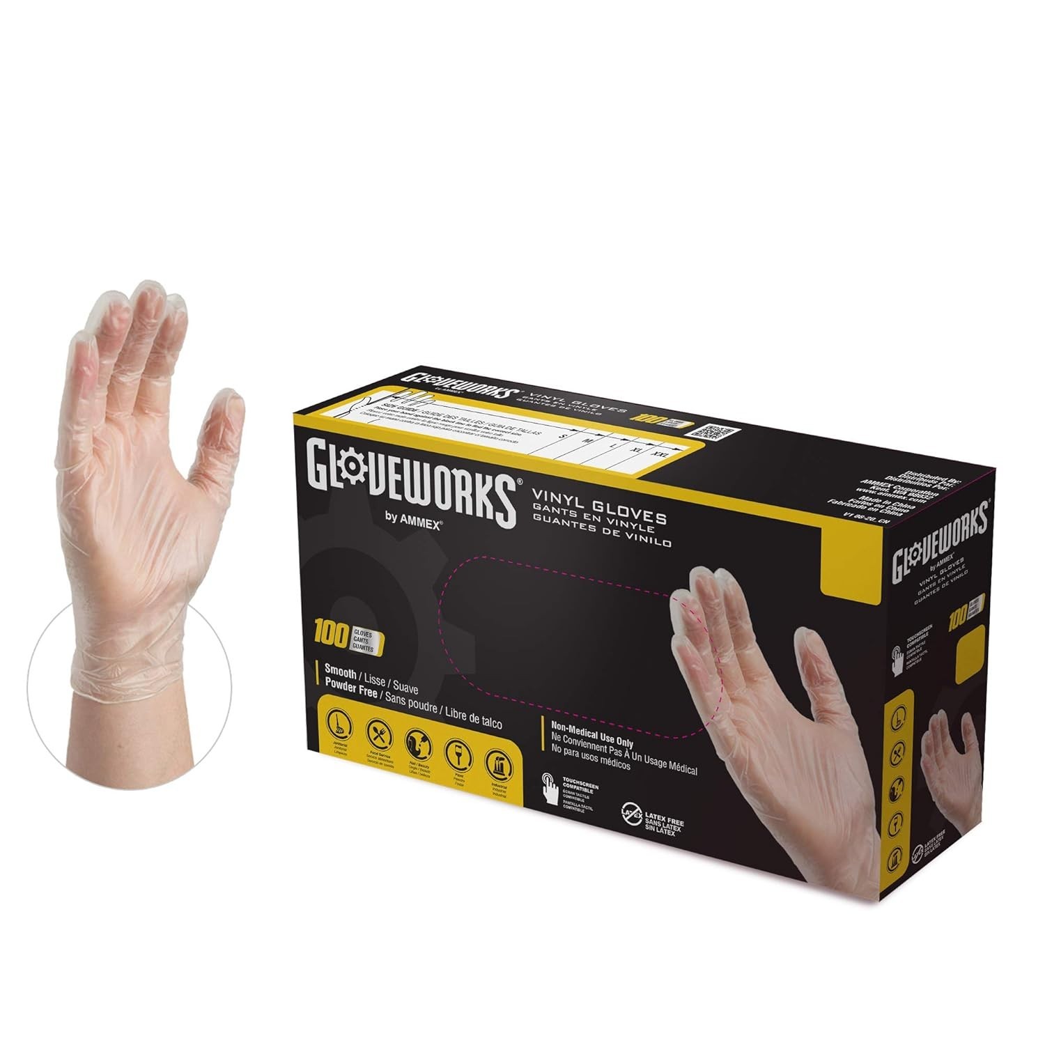 GLOVEPLUS AMMEX Industrial Clear Vinyl Gloves, Latex Free, Powder Free, Food Saf