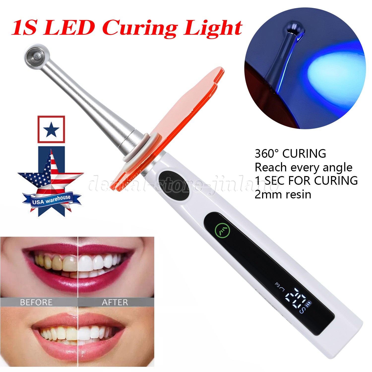 Dental Cordless LED Curing Light Metal Head 1S Cure Lamp 4 Light Intensity Modes