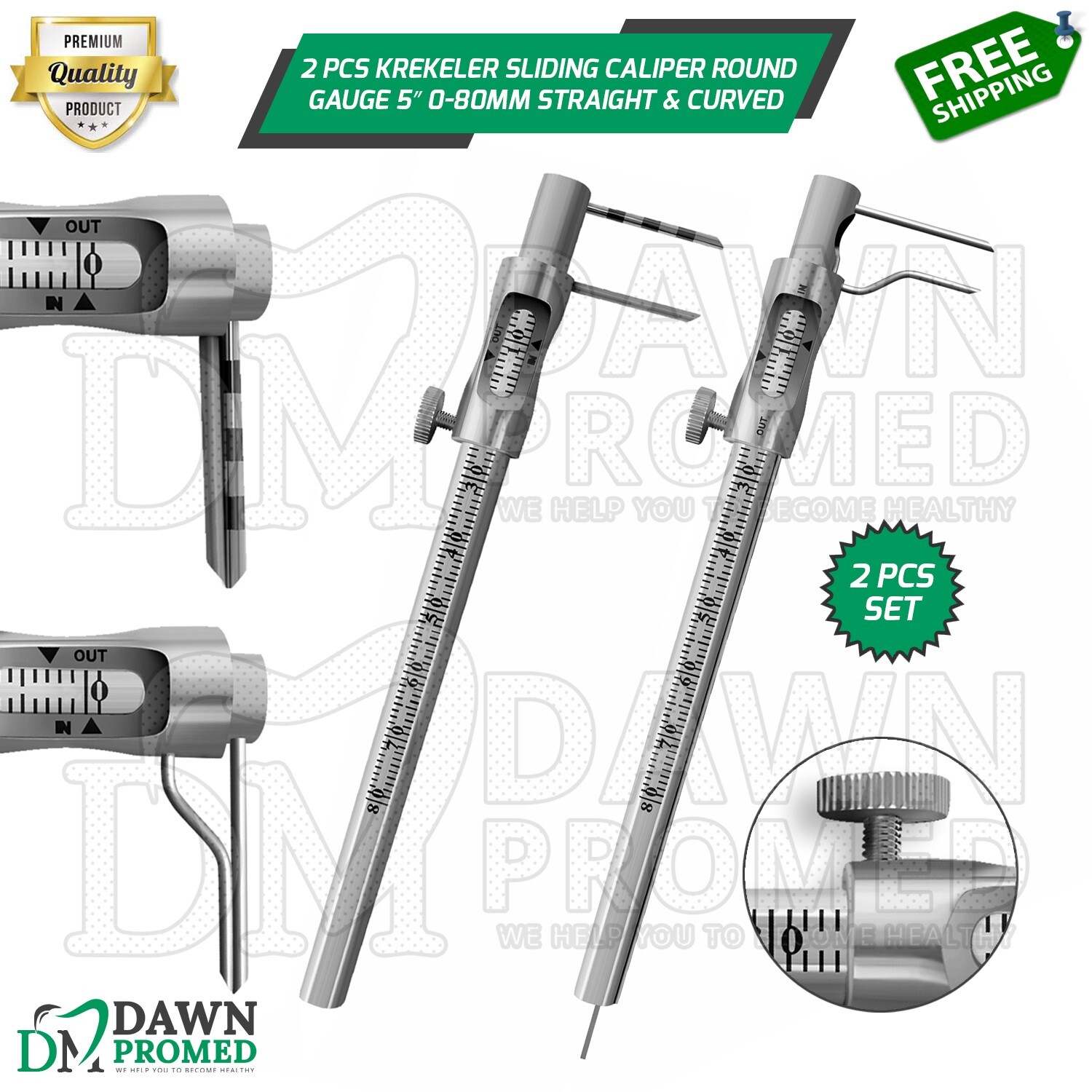 2 Pcs Krekeler Caliper Round Gauge 5” Straight & Curved 0-80mm Dental Instrument