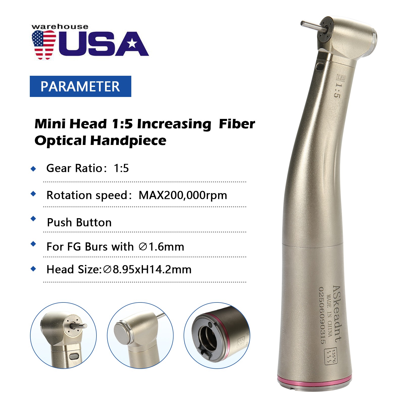 ELECTRIC ATTACHMENT 1:5 Dental Handpiece Fiber Optic 4 Sprays Red Ring