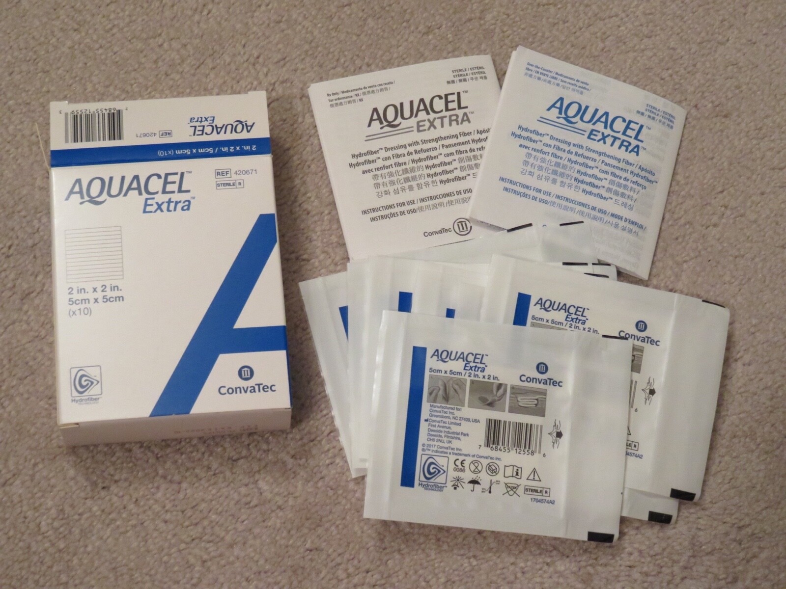 Convatec AQUACEL EXTRA 2″x2″ New Box Of 10 Hydrofiber Dressing Ref 420671 Wound