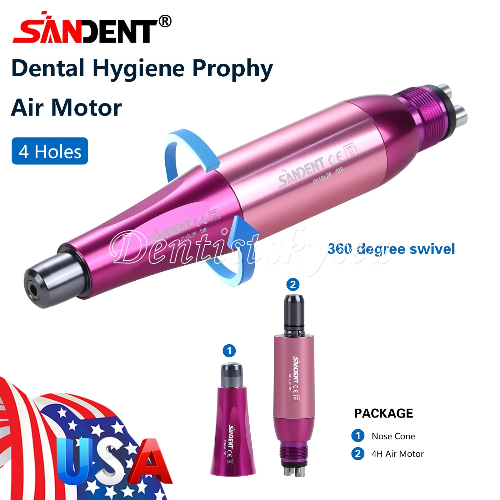 360°Swivel Hygiene Prophy Handpiece Air Motor 4Hole 4:1 Nose Cone 4000rpm USA