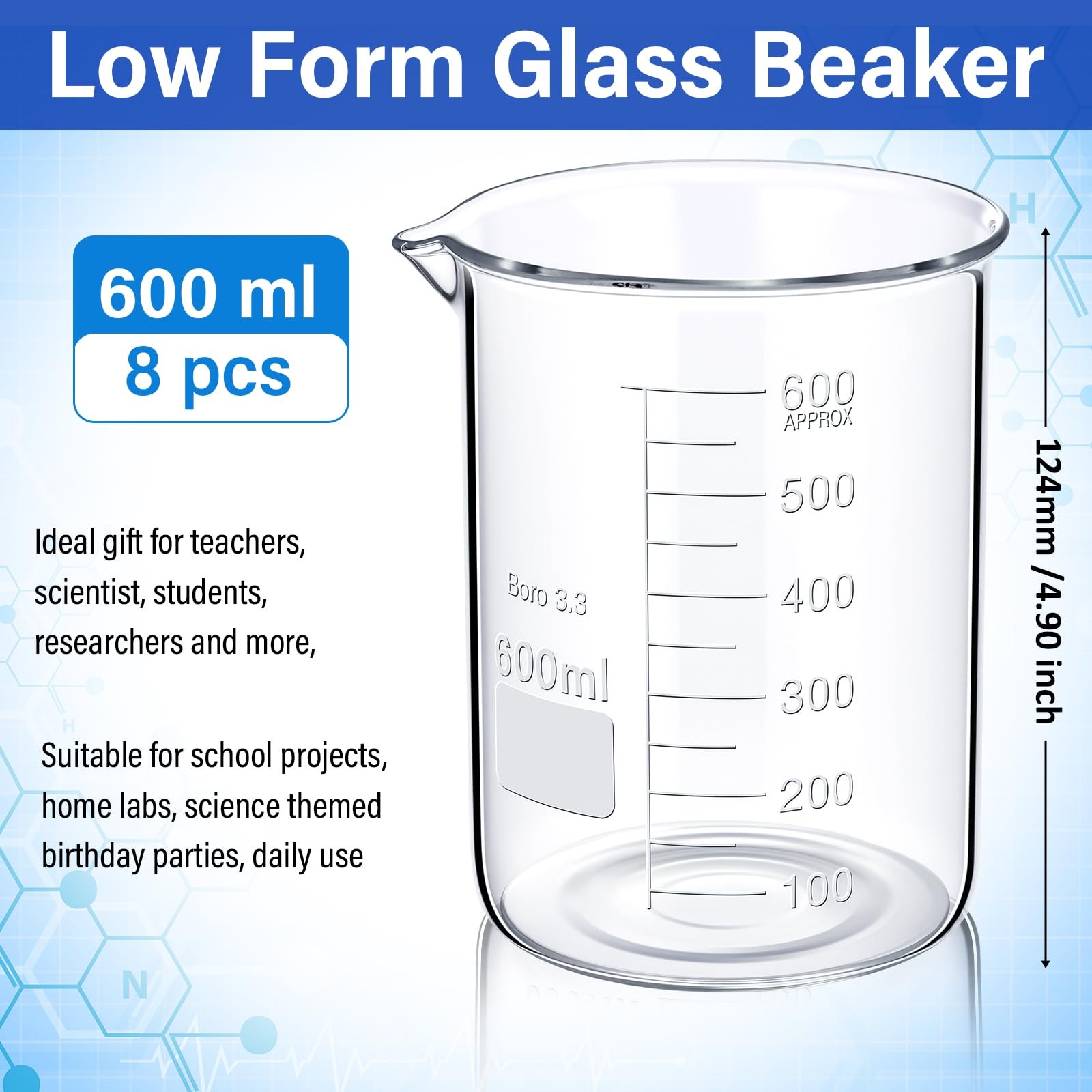 600ml Glass Beaker Set 8 Pcs Borosilicate Lab Measuring Cup Low Form Reusable Sc
