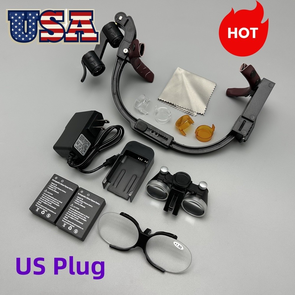 3.5x Dental Surgical Binocular Loupe Headband Magnifier LED Headlight US Plug US