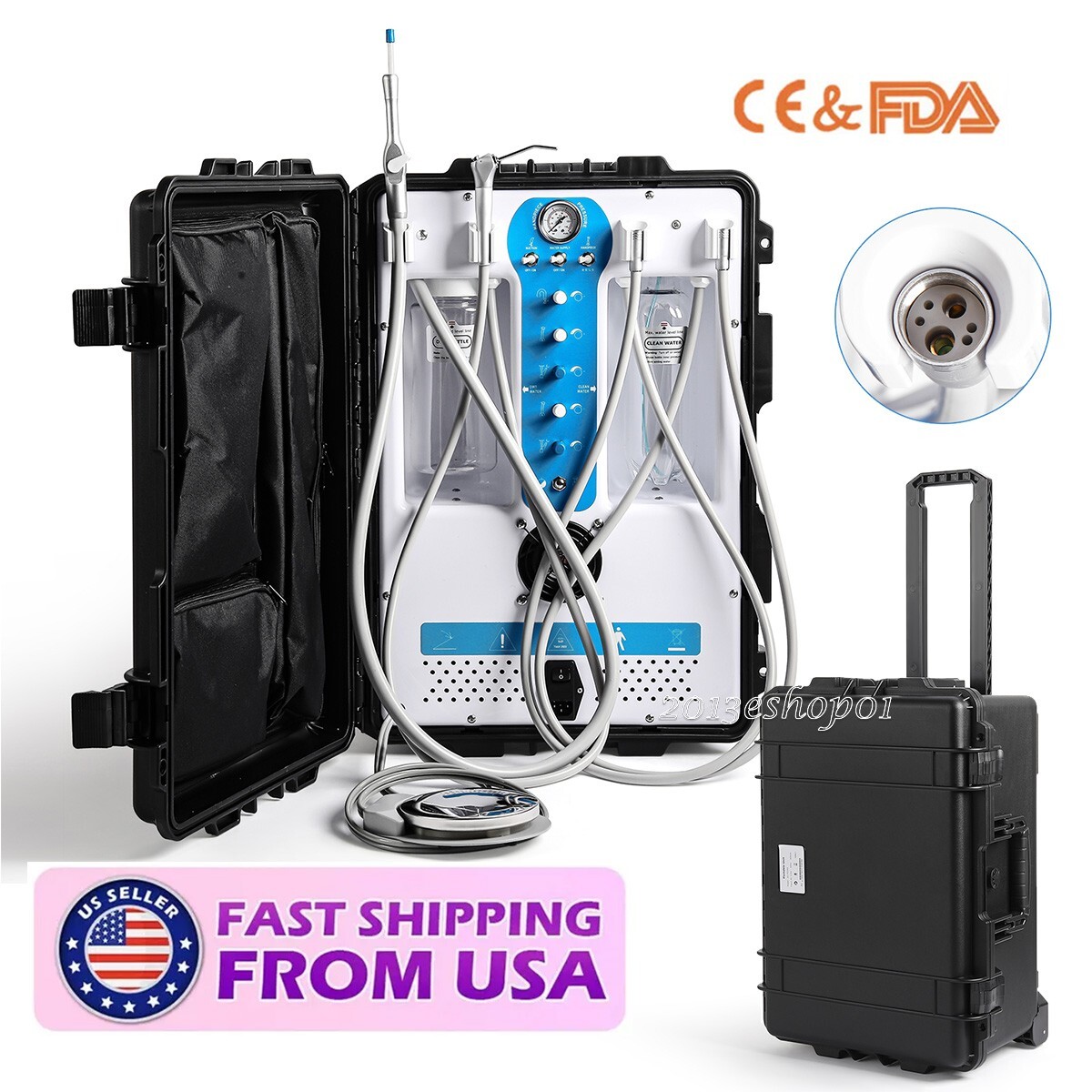 FDA CE Portable Dental Delivery Unit System Built-in Air Compressor Rolling Case