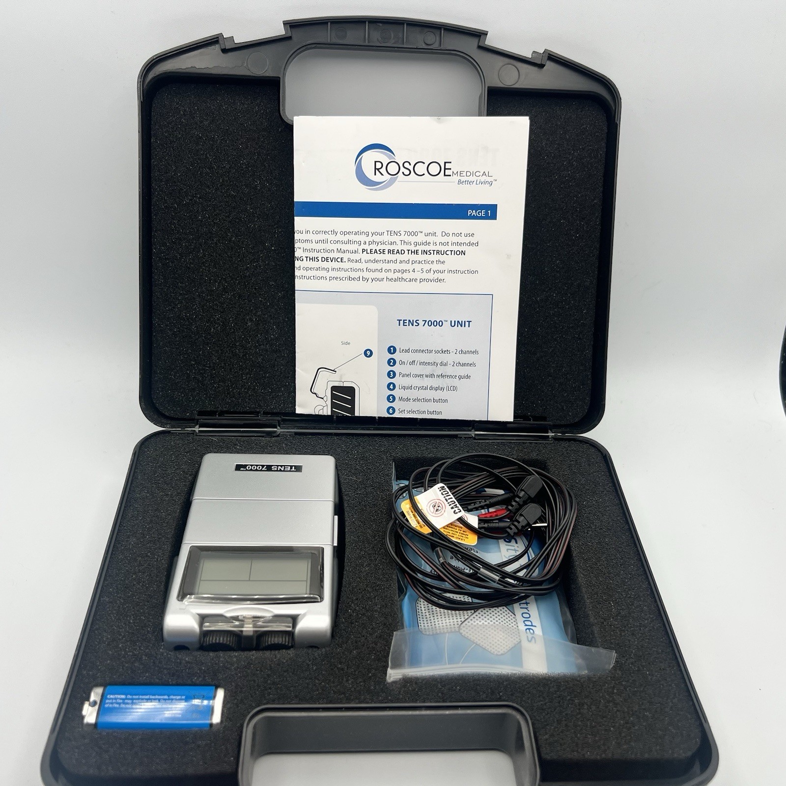 Roscoe Medical TENS 7000 Unit Complete Kit Tested w/ Case Leads Pads Manual
