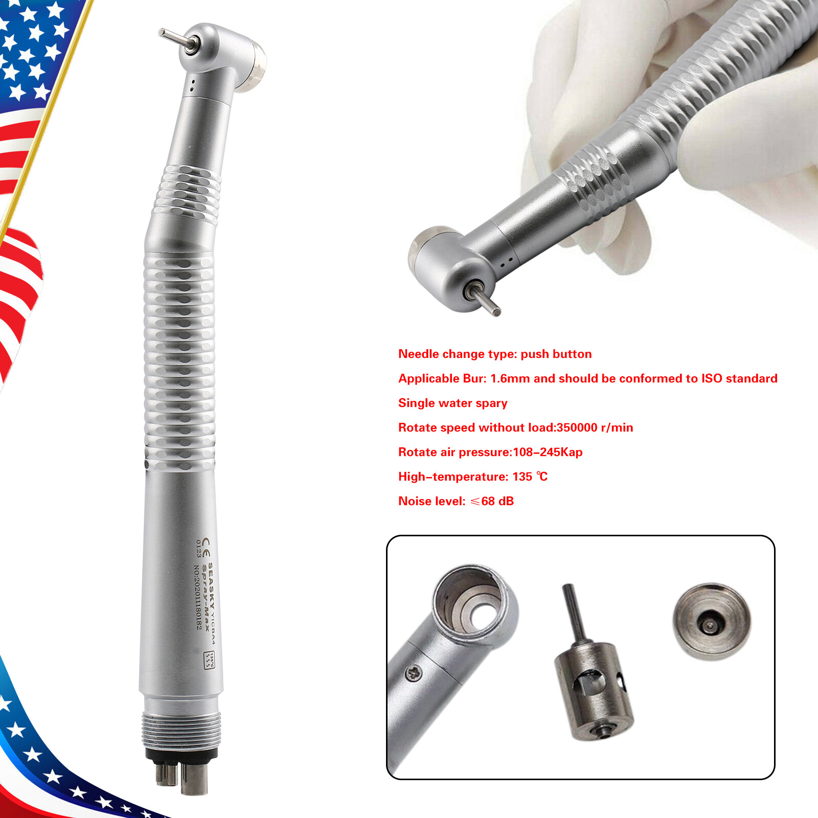 Dental High Speed Handpiece Push Button Standard Head 4H Turbina US