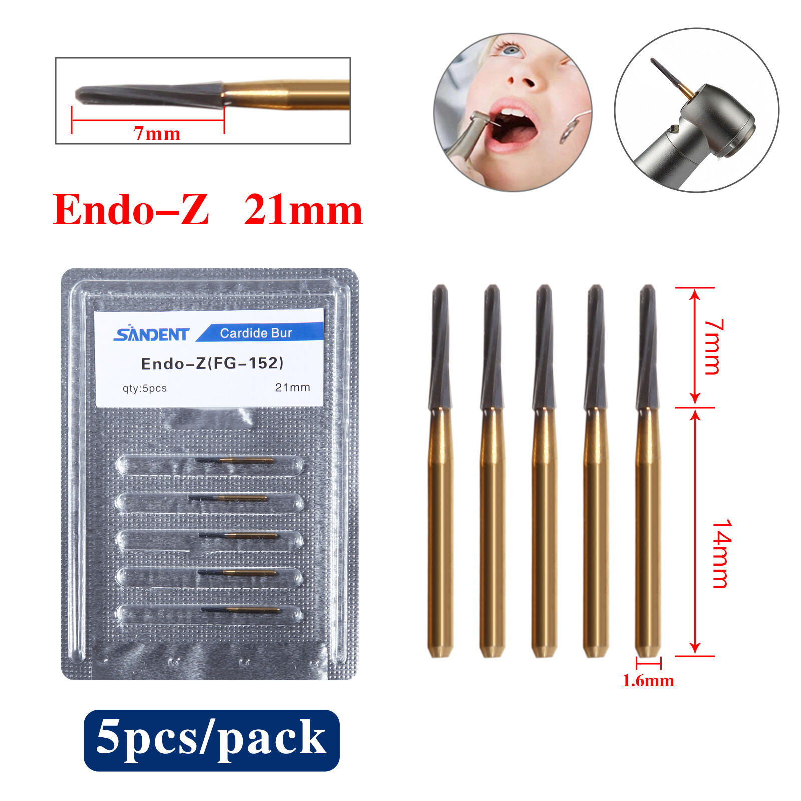 5pcs Dental Endo-Z Tungsten Carbide Endodontic FG Bur Surgical Cutter Burs 21mm
