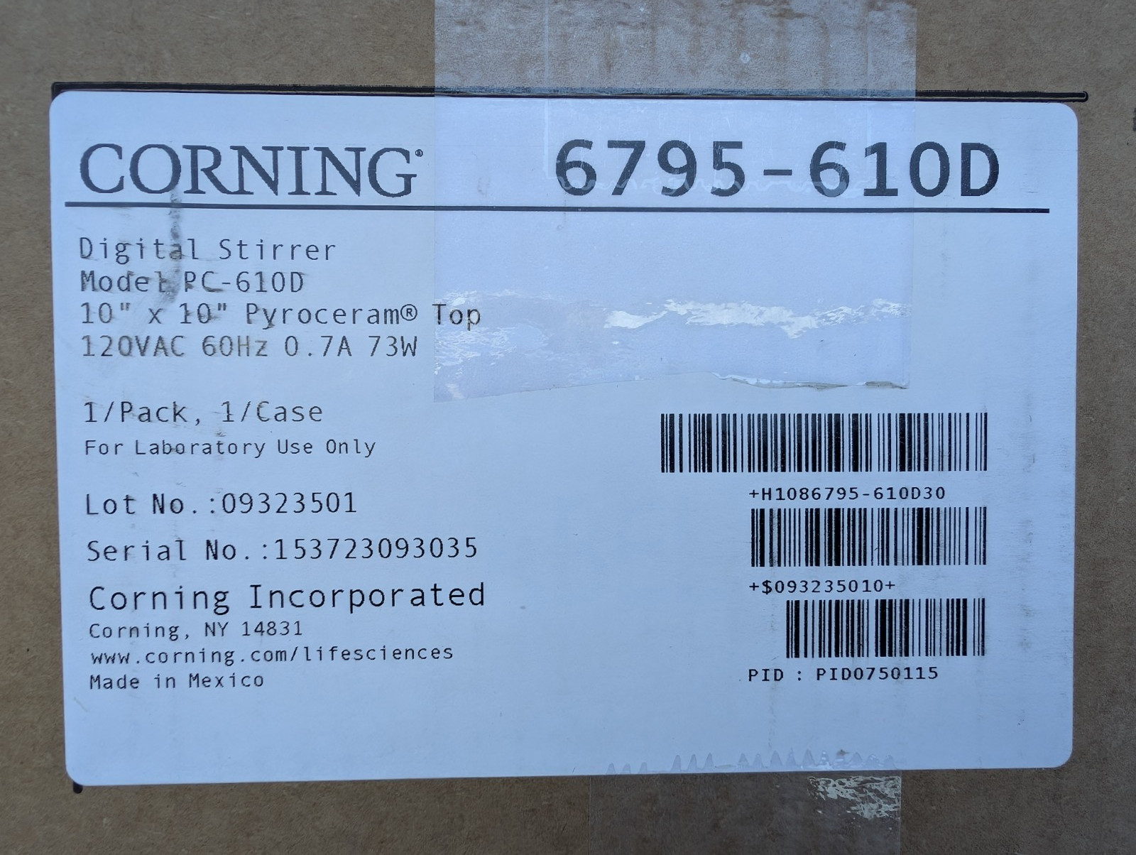 Corning PC-610D Digital Magnetic Stirrer 6795-610D 10×10 Pyroceram 120V (New)