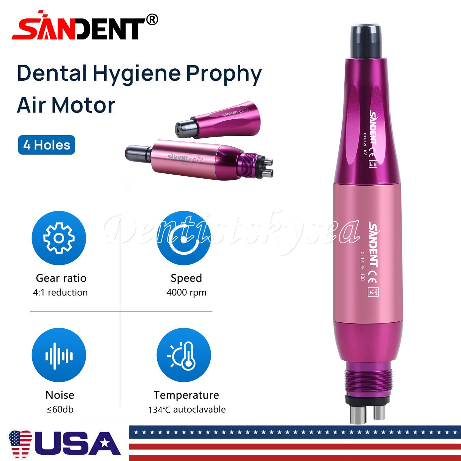 360°Swivel Hygiene Prophy Handpiece Air Motor 4Hole 4:1 Nose Cone 4000rpm USA