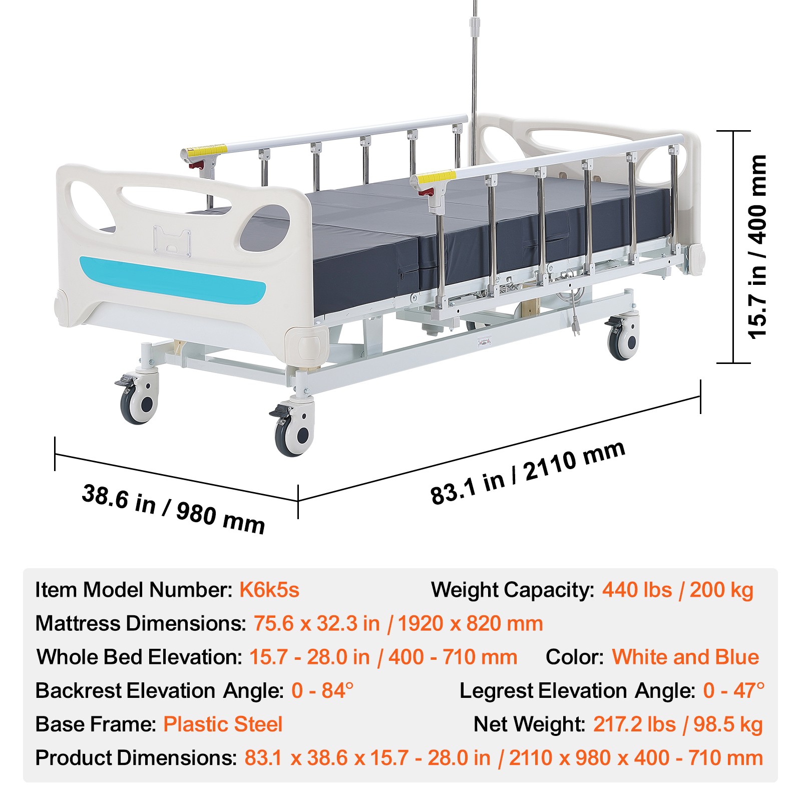 VEVOR Premium 3 Function Full Electric Hospital Bed ICU Medical Bed 440LBS Loads