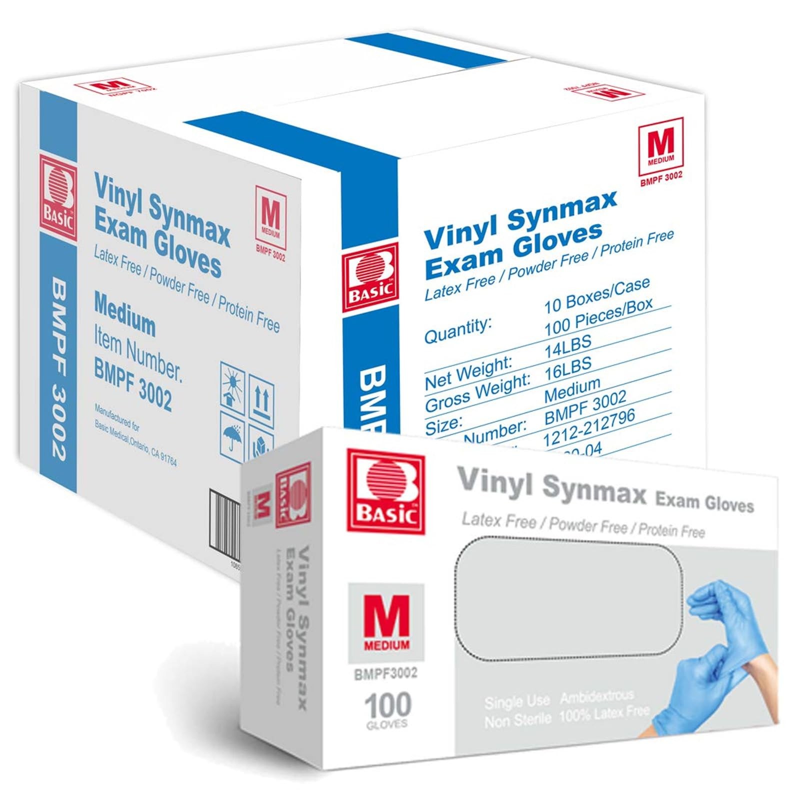 Basic Medical Synmax Vinyl Exam Gloves – Latex-Free Powder-Free – Medium,