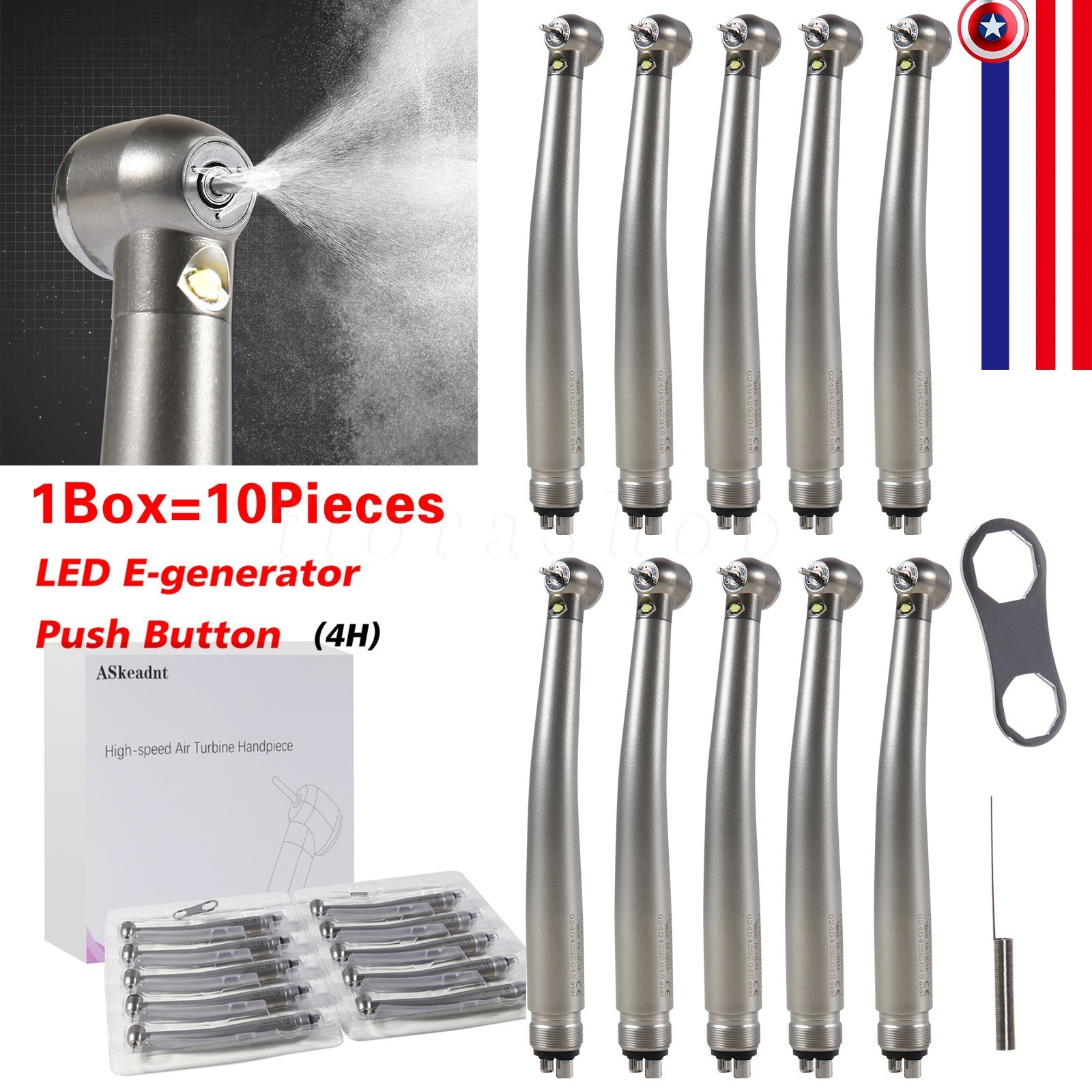10 PCS Dental LED E-Generator Fiber Optic High Speed Handpiece 4 Hole NSK Style
