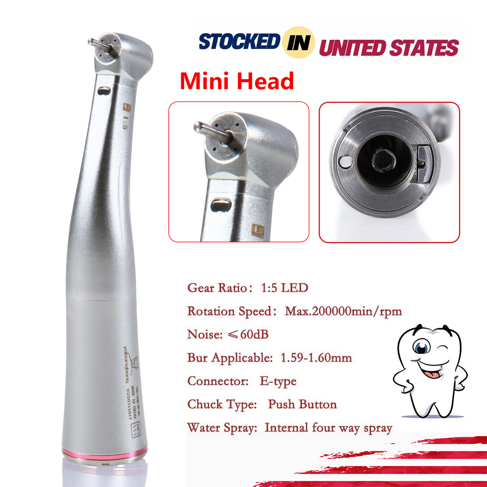 1/5/10 Dental 1:5 LED Increasing Contra Angle Fiber Optic Handpiece Mini Head