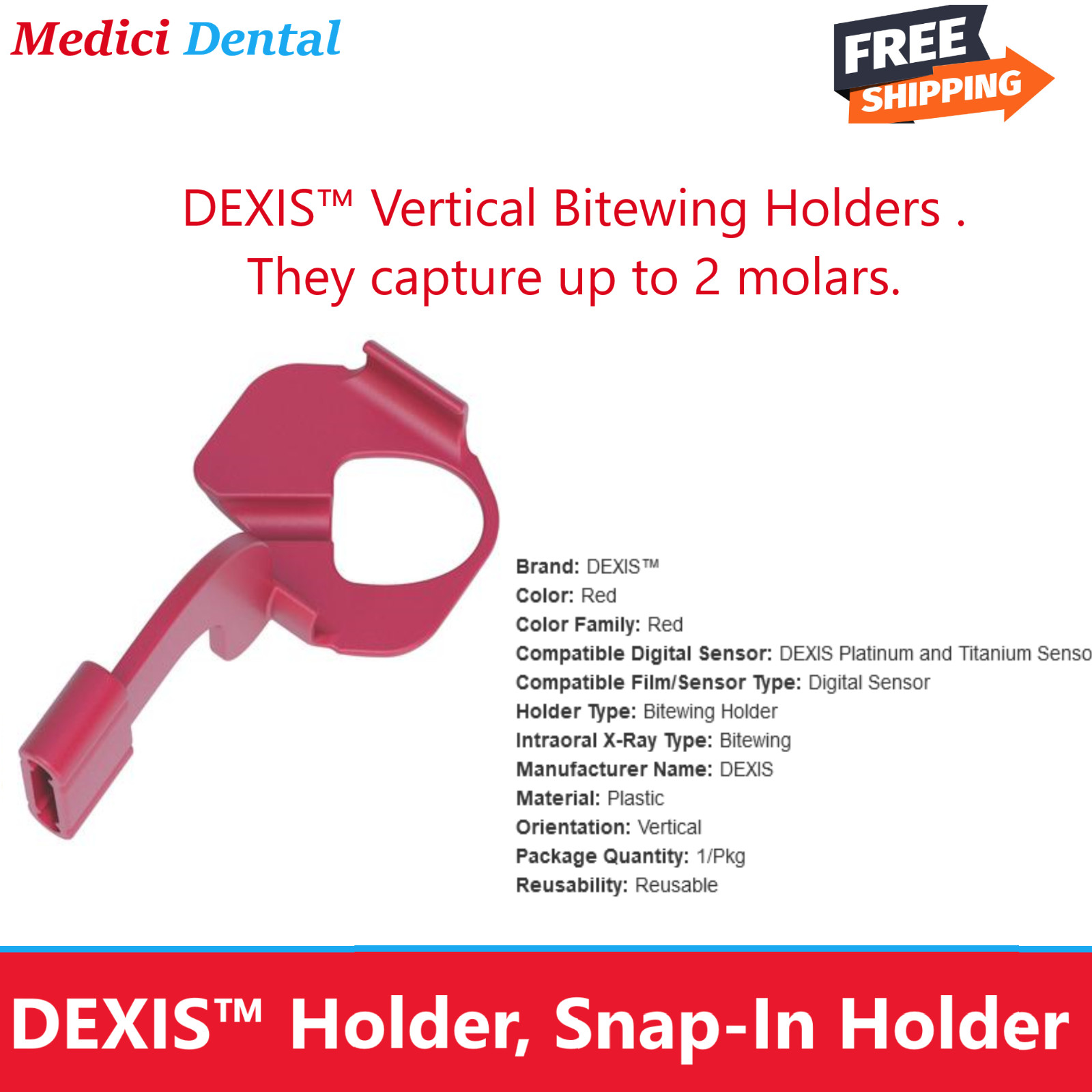 Dental X-Ray DEXIS Titanium Holder Snap In Posterior /Anterior, Digital Sensor