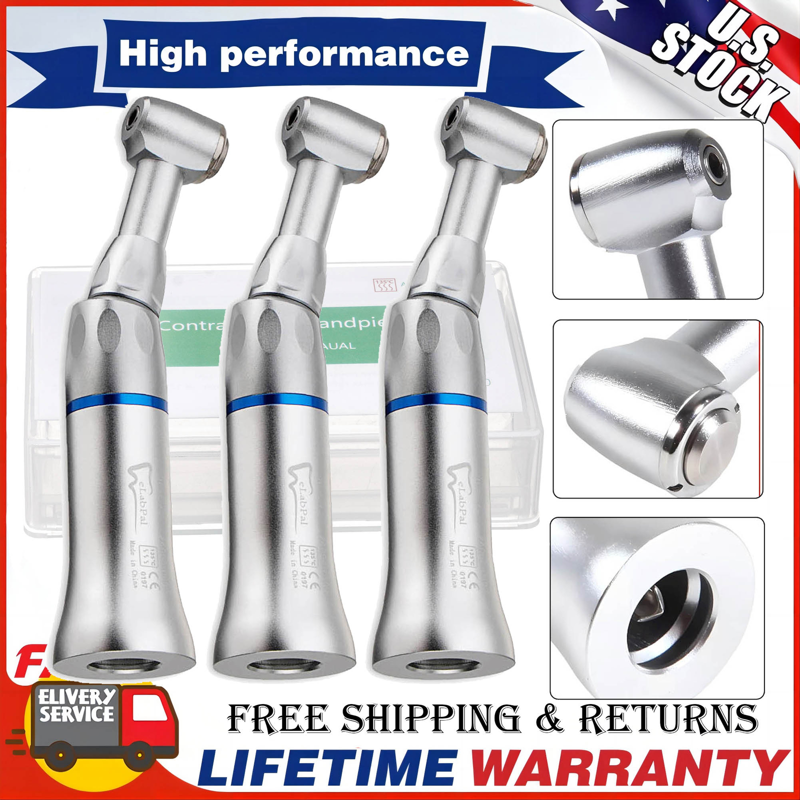 eLabPal Dental Slow Low Speed Handpiece Contra Angle Push Button E-Type Turbine