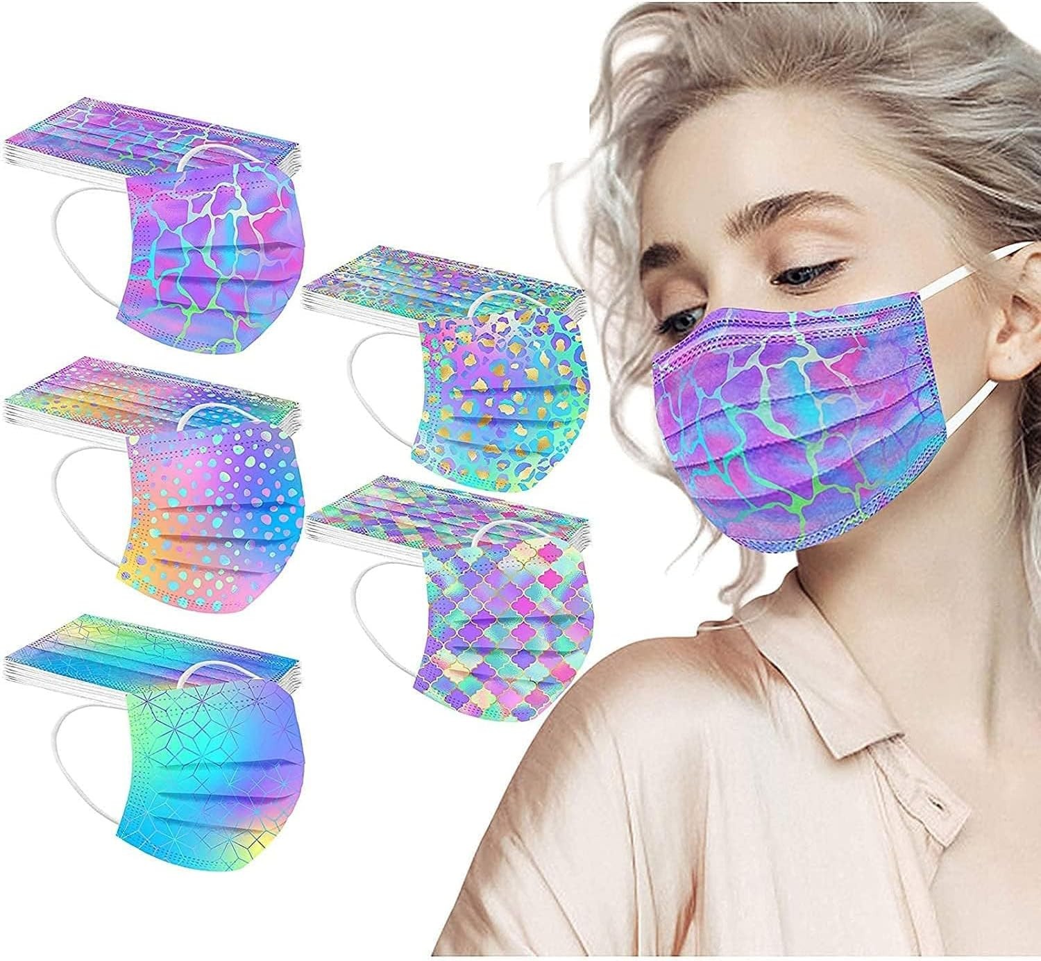 50pcs Disposable Face Cover with Floral Tie Die Pattern for Adults Women Brea…