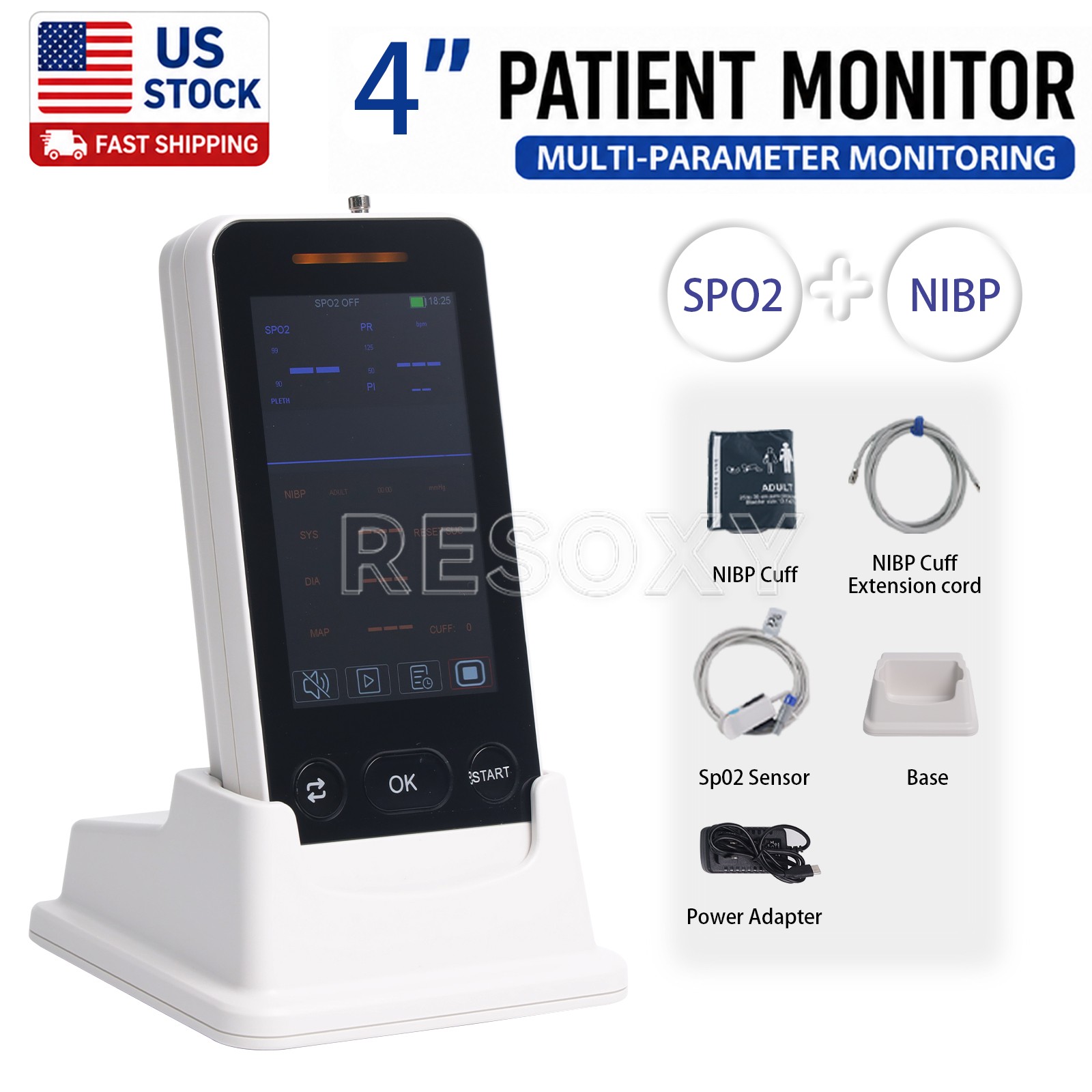 4″ Patient Monitor NIBP Blood Pressure SpO2 Vital Signs Portable Monitor