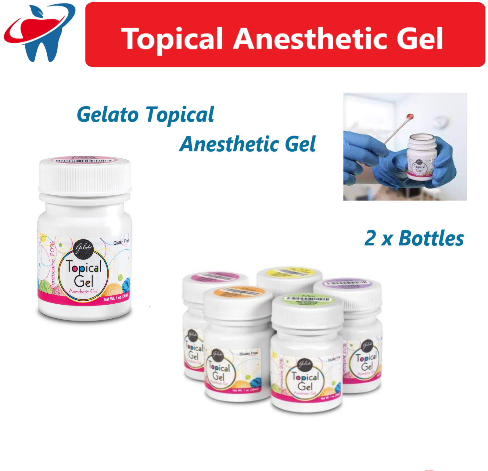 2 Bottles Dental Gelato Topical Anesthetic Gel 1oz Jar Keystone Gluten Free