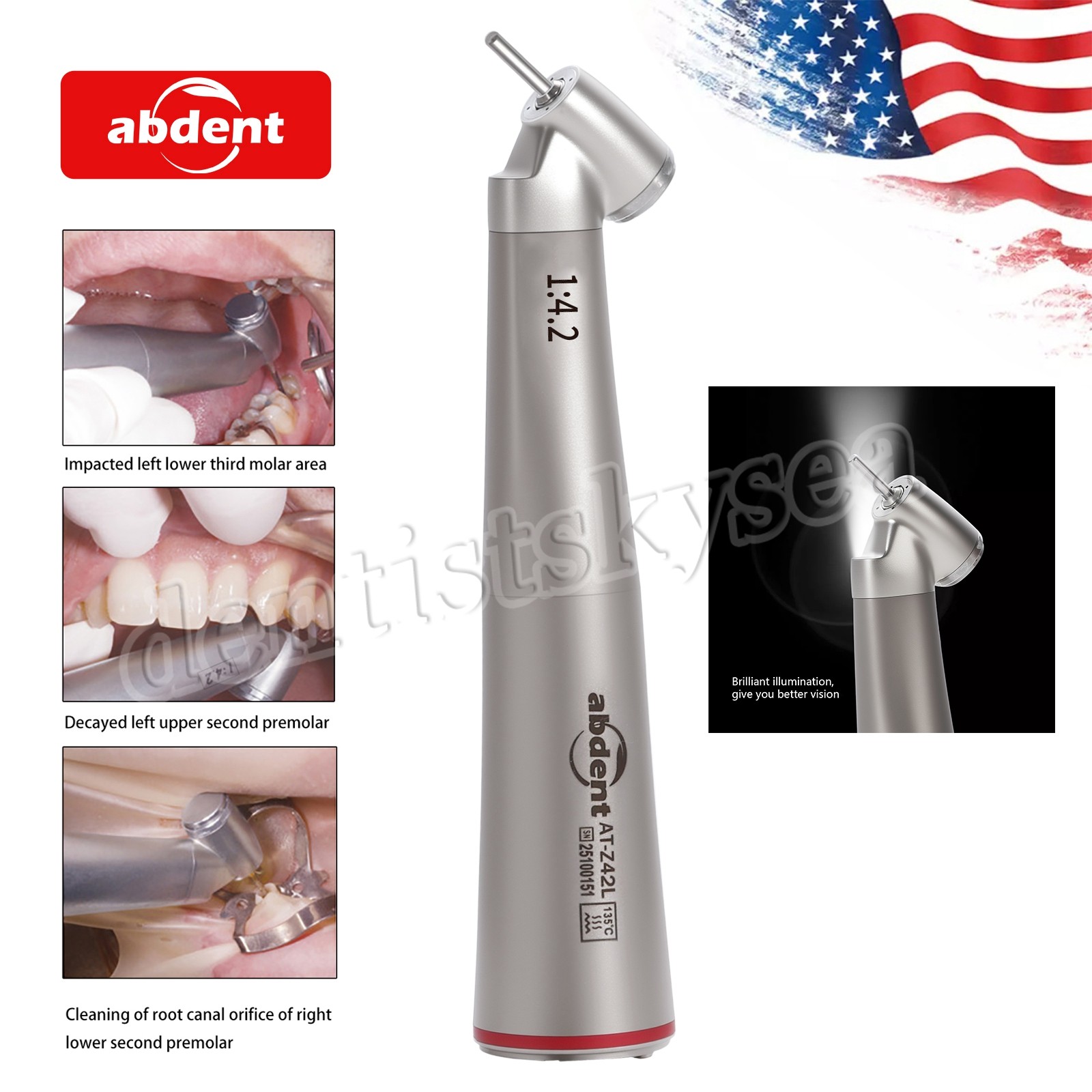 abdent 45° Angle Head Contra Angle LED Optic 1:4.2 Handpiece Inner Water Spray