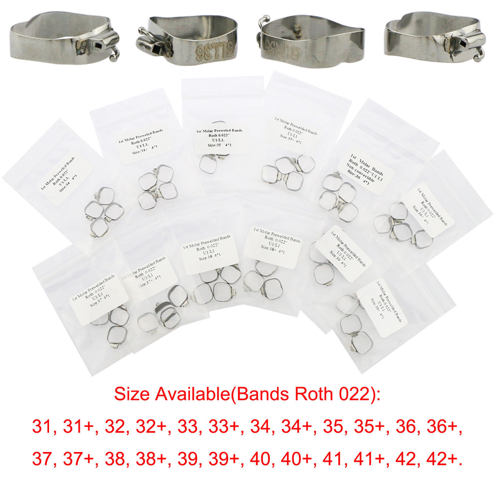 4 Pcs Dental Orthodontic Bands&Buccal Tube 1st Molar Roth.022 U1/L1 U2/L1 U3/L2