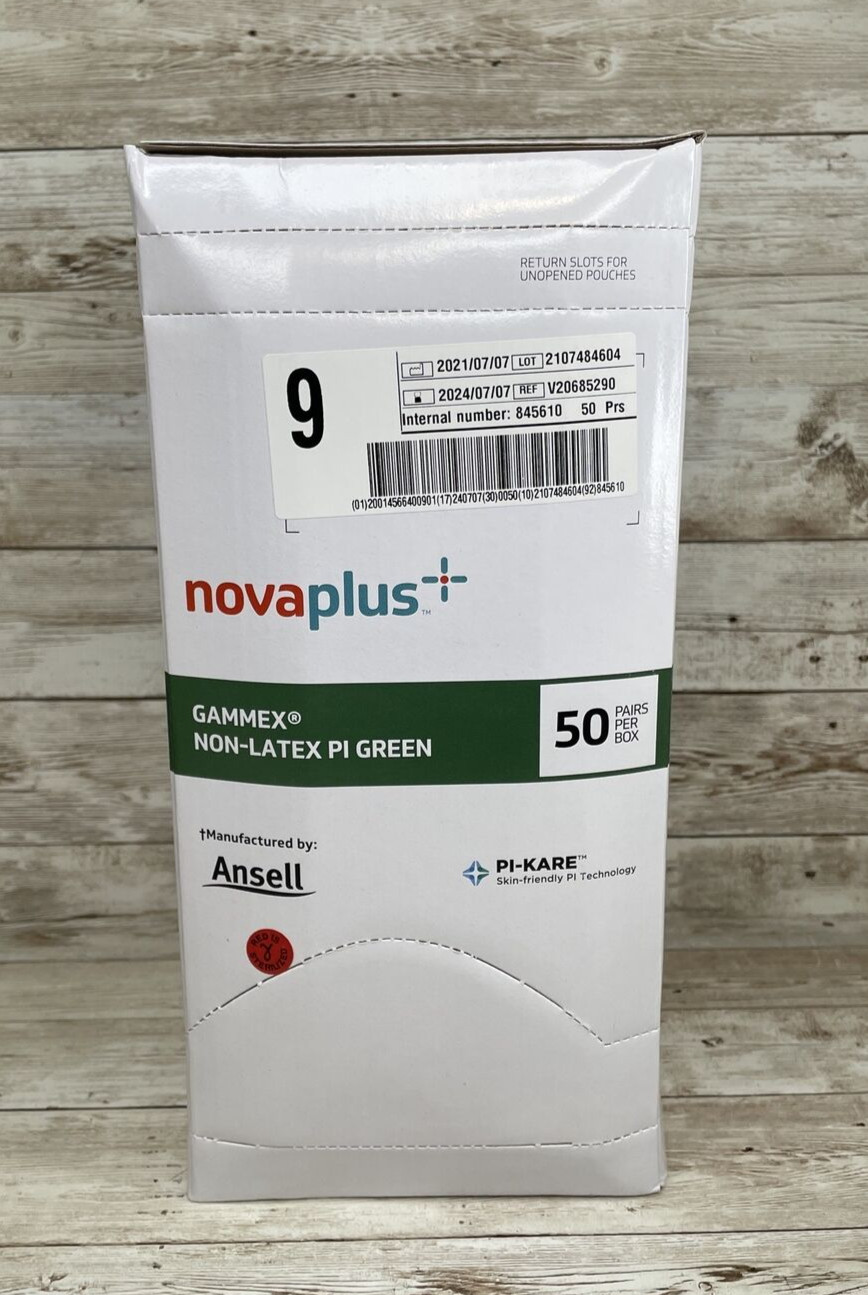 1 Box Gammex NovaPlus Non-Latex PI Green Surgical Glove Size: 9 *See Dates*
