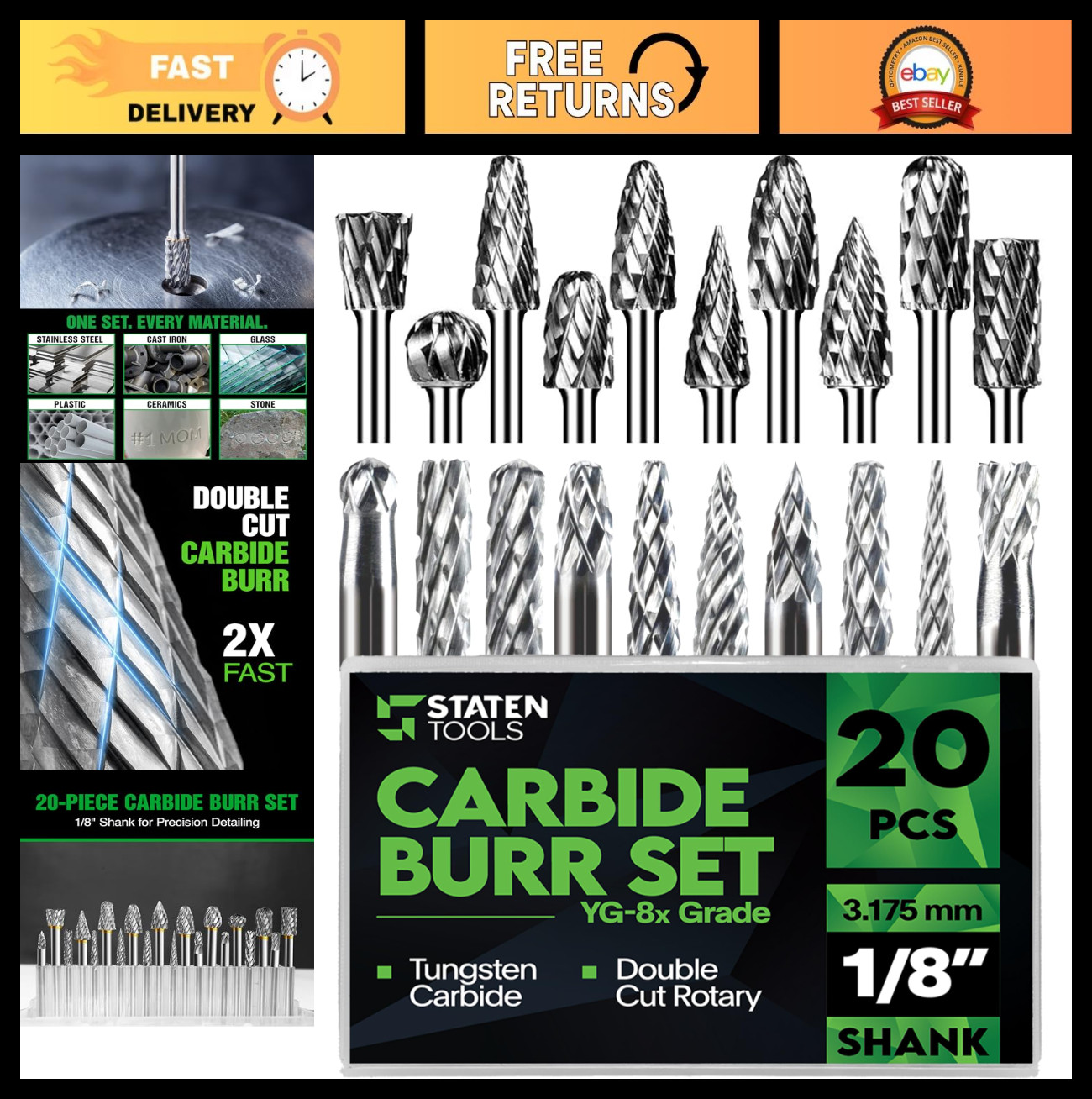 20 Pcs Carbide Bur Set – 1/8″ Shank Double Cut Bits for Milling, Carving, Engrav