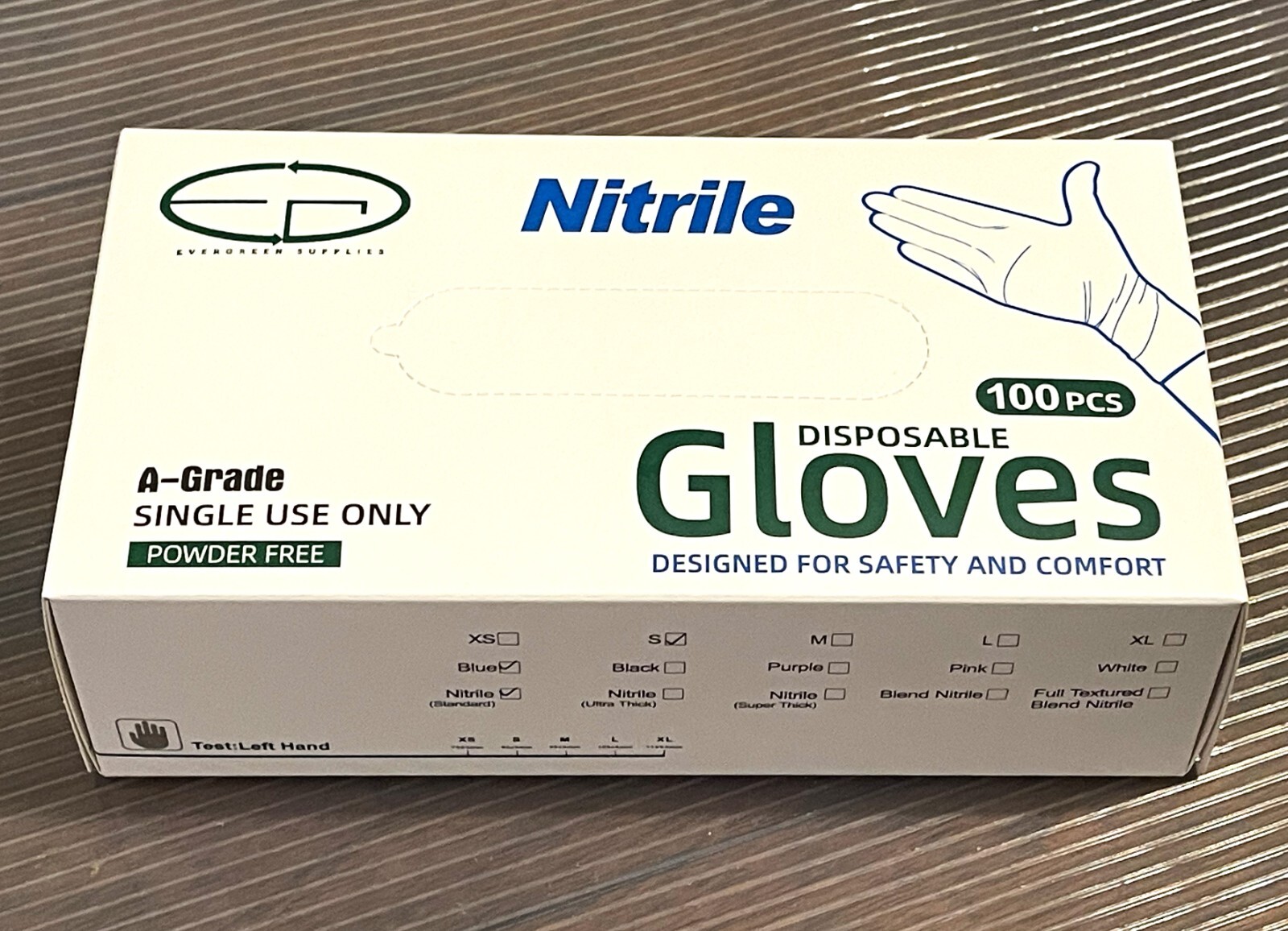 STANDARD Gloves Blue Nitrile Powder Free, Evergreen Supplies, 100ct, MEDIUM