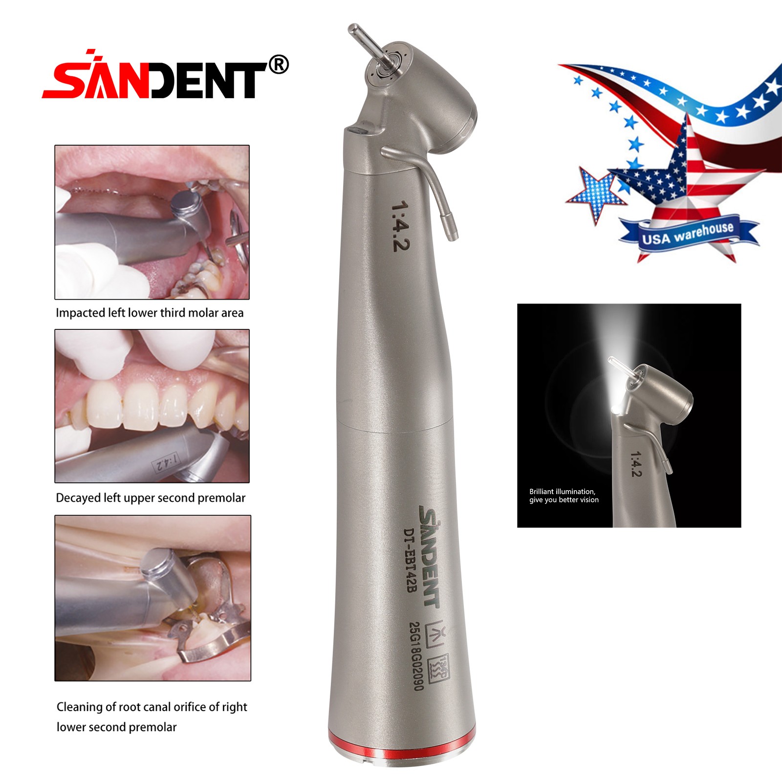 Dental Optic Fiber LED 1:4.2 Increasing Handpiece 45°Angle Head External Channel