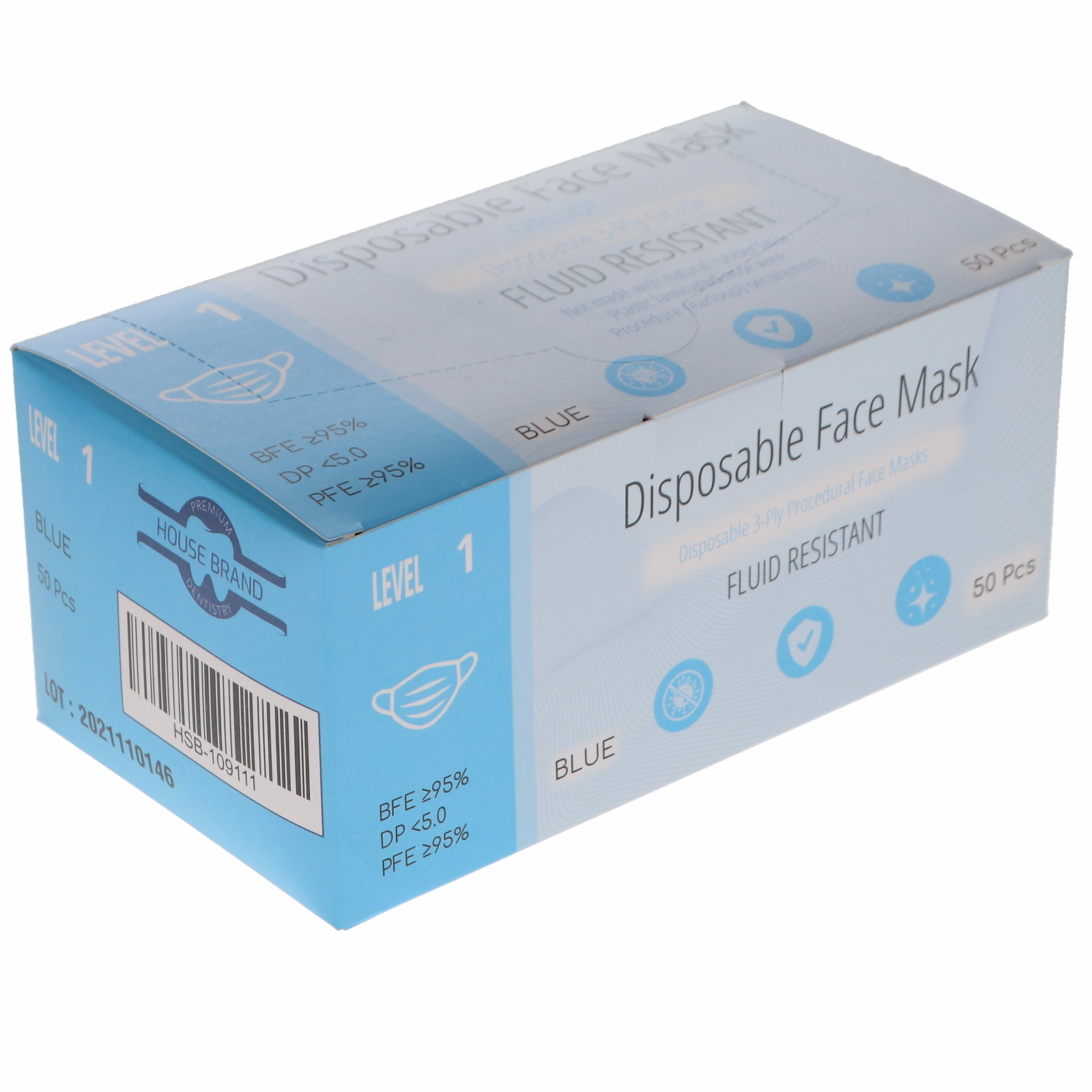 House Brand Dentistry 109111 3-Ply Earloop Face Masks ASTM Level 1 PFE 95% 50Pk