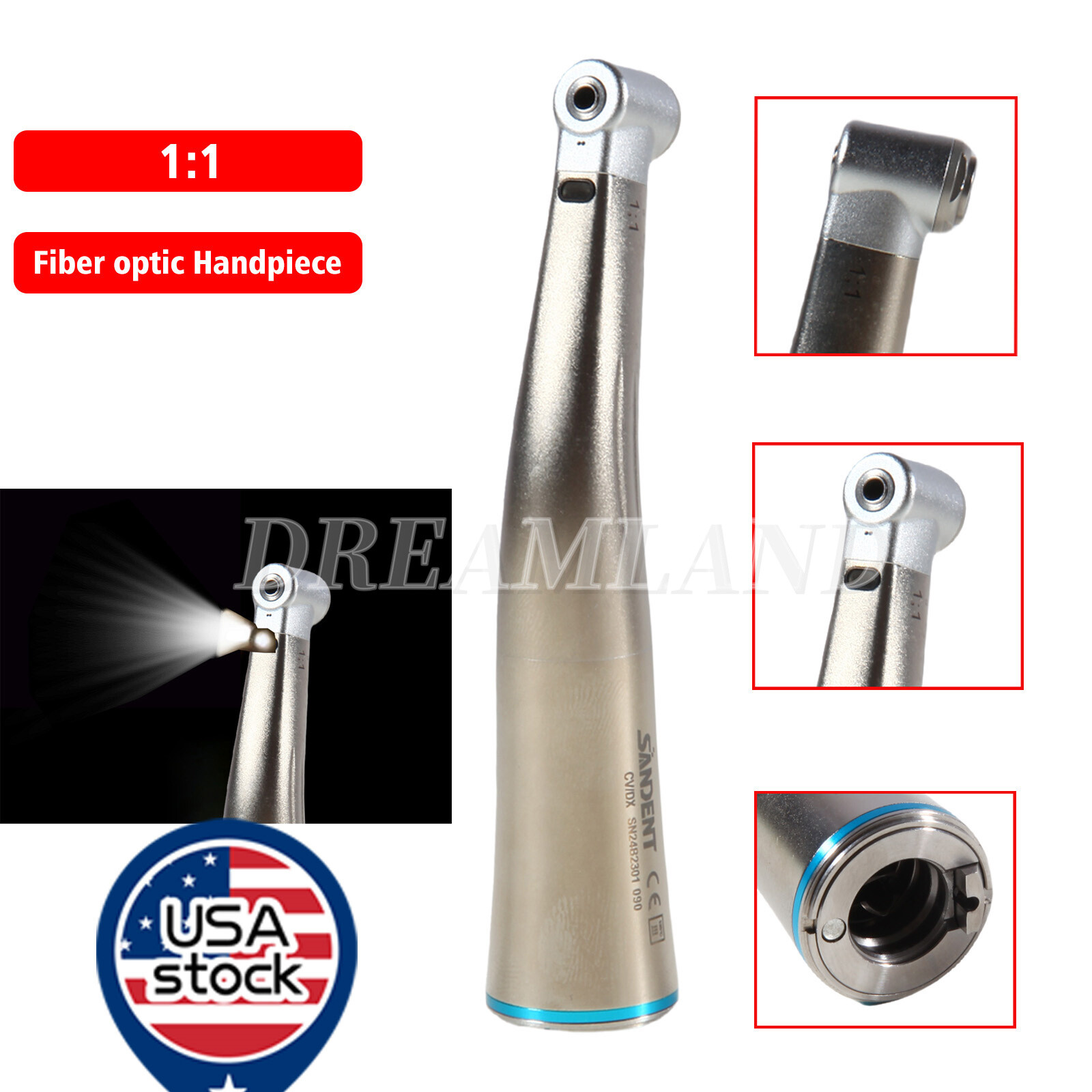 SANDENT Dental 1:1 /1:5 /20:1 LED Optic Contra Angle Handpiece fit E-Type Motor