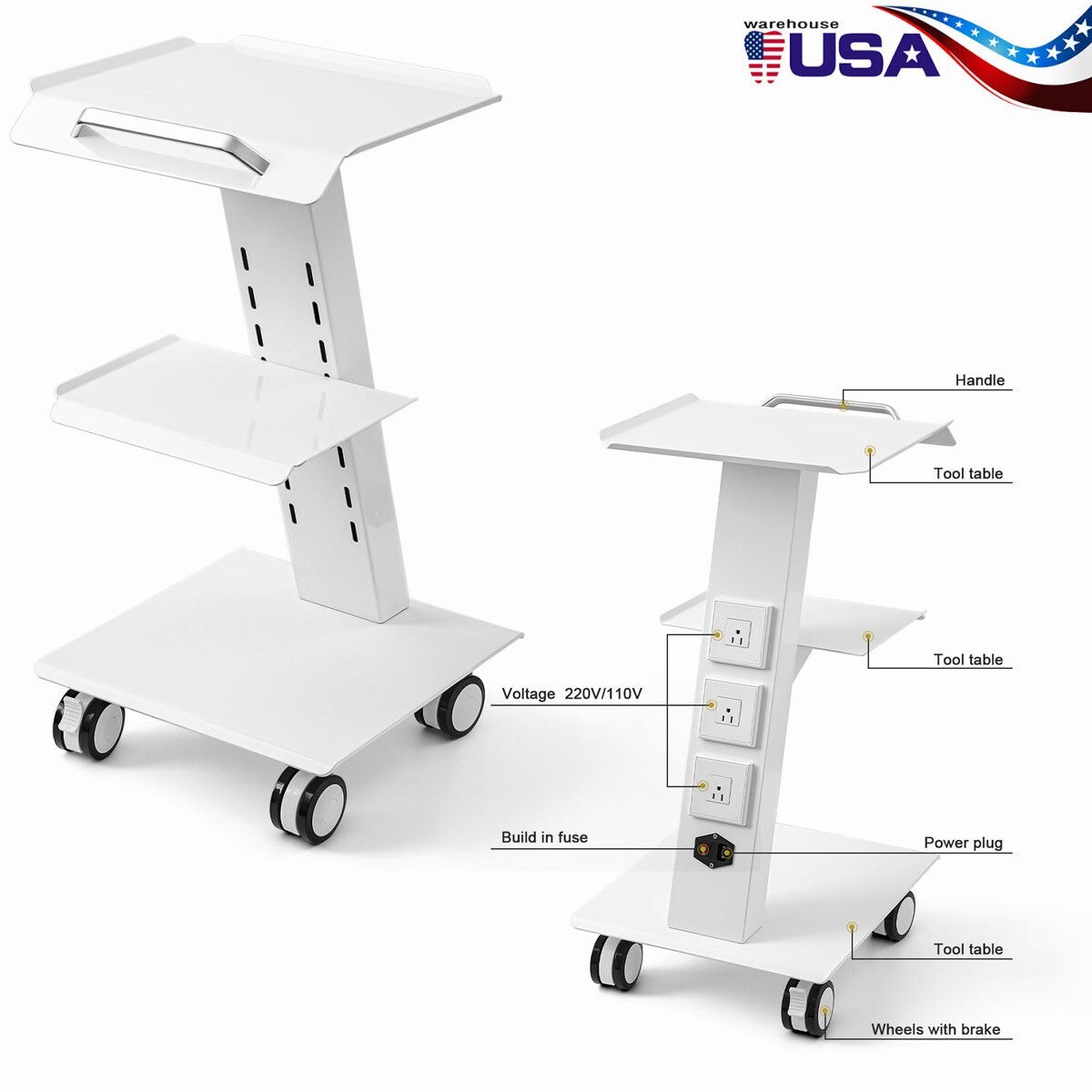 Dental Metal Medical Cart Mobile Instrument Cart Trolley Double Castors