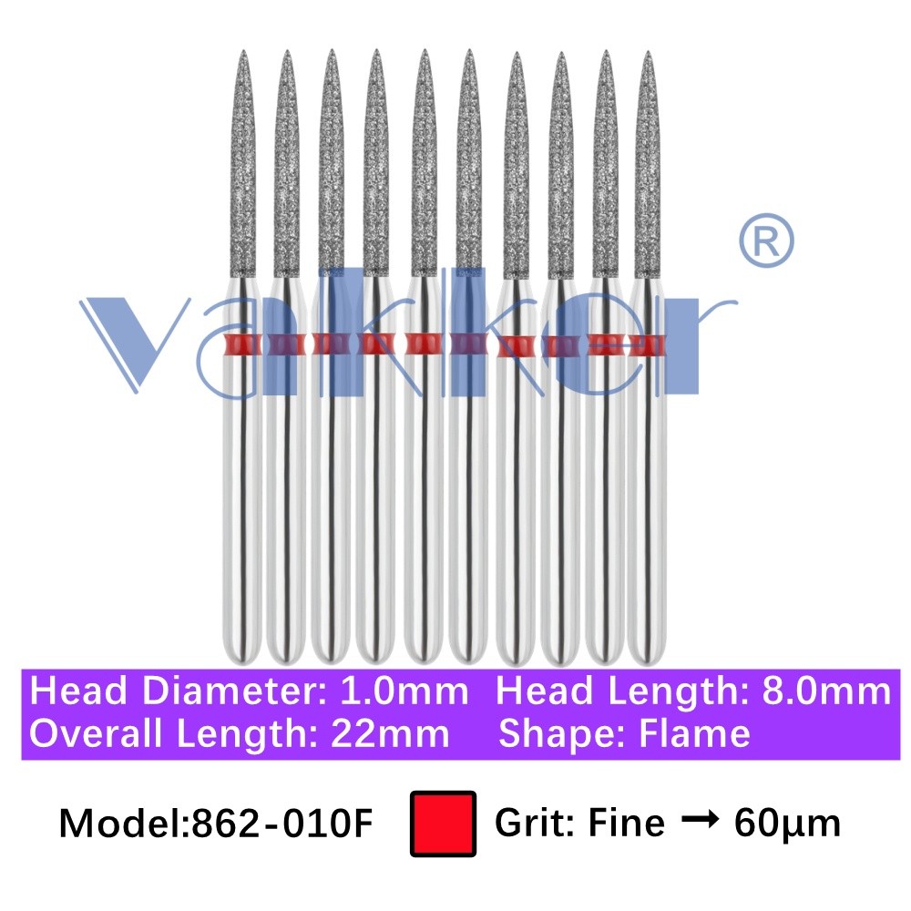 Vakker 10pc Dental Fine Grit 862-010F Diamond Burs Friction Grip Flame Shape