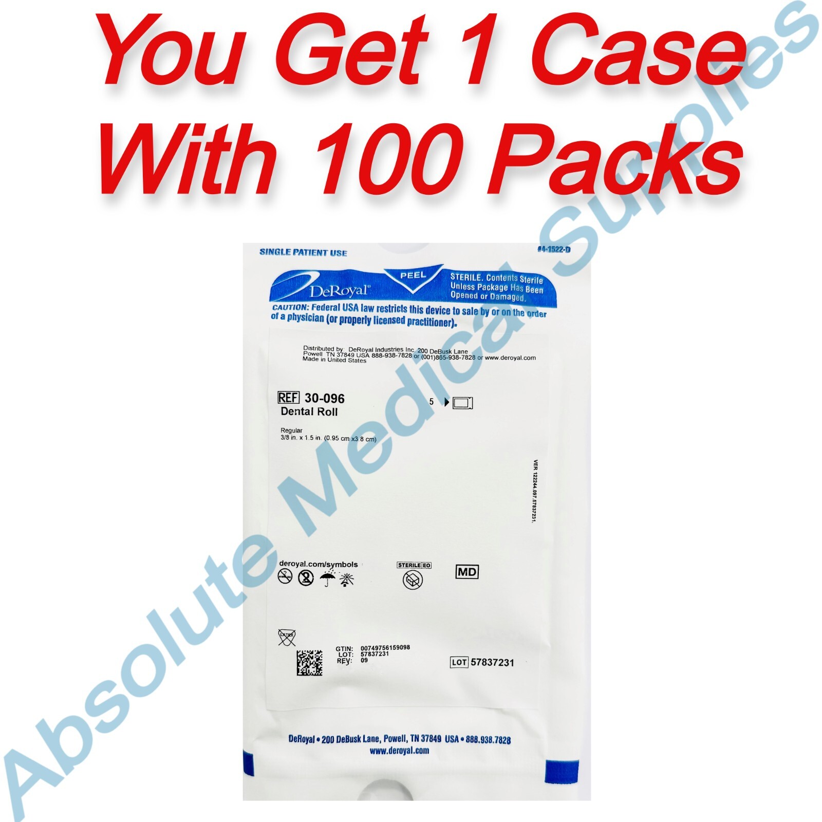 *100-Packs* DeRoyal Cotton Dental Roll 3/8″ x 1.5″ Sterile White 30-096