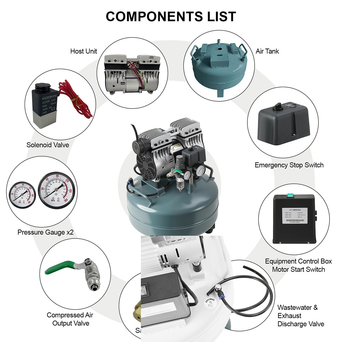 24L Portable Dental Air Compressor Oil Free Silent Air Pump 600W 118 L/min