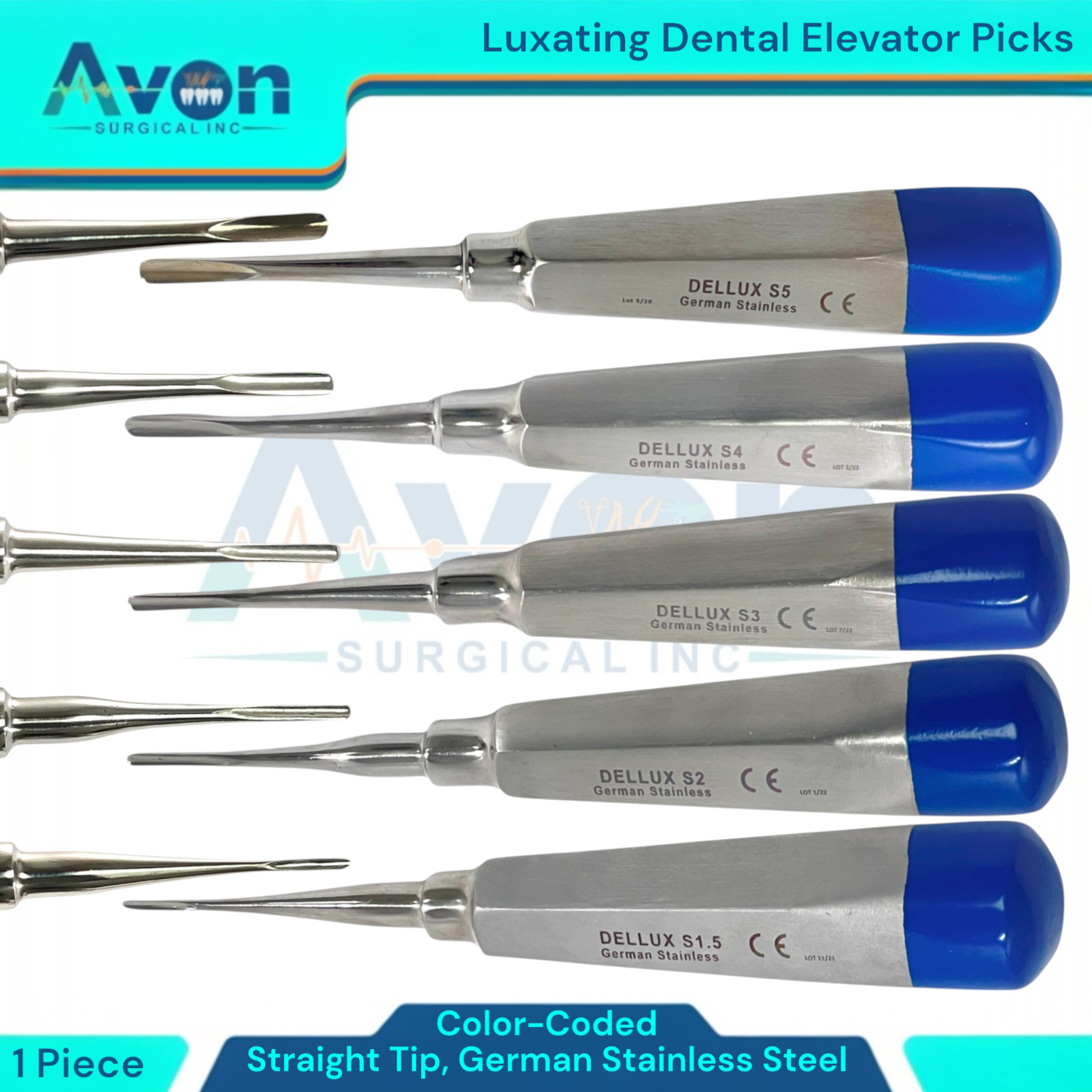 Apical Root Elevator Pick, Blue Handle, Straight Tipped – German Stainless – 1ea