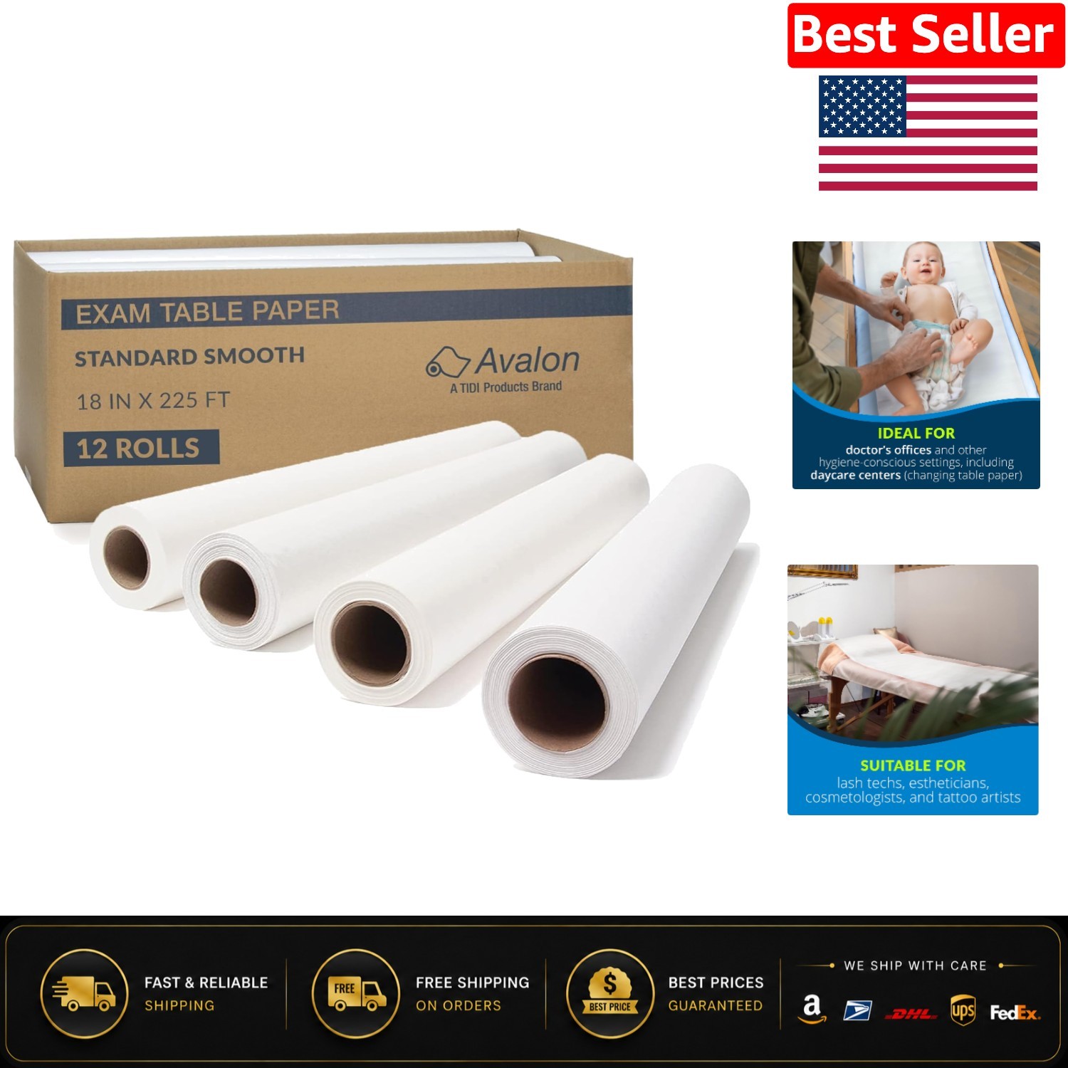 White Exam Table Paper Rolls 18” x 225’ – 12 Pack for Spas and Doctor’s Offices