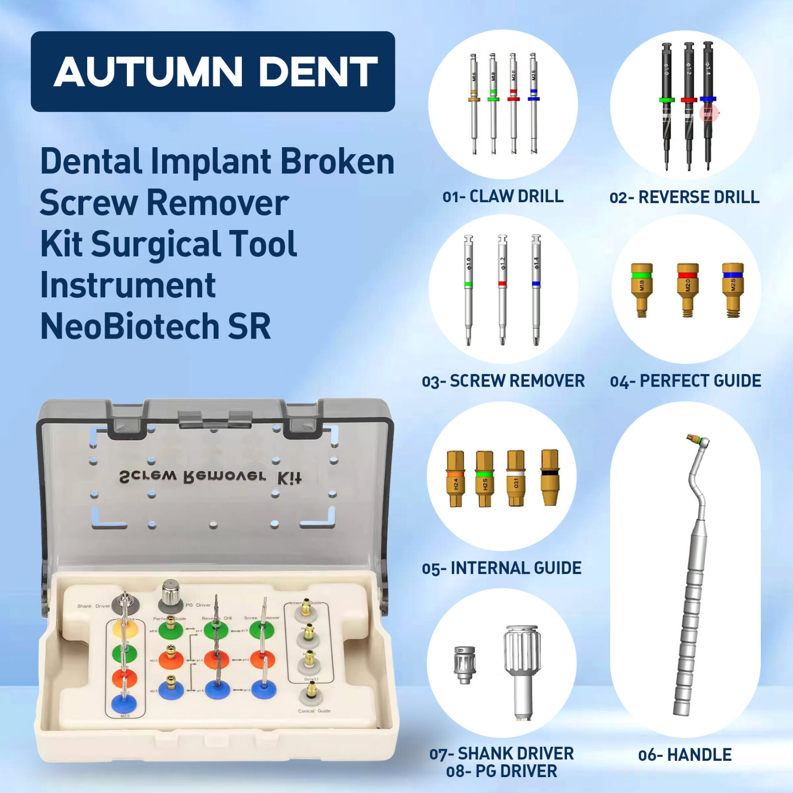 Implant Broken Fractured Screw Removal Kit Drill Guide Driver Dental Remover Set
