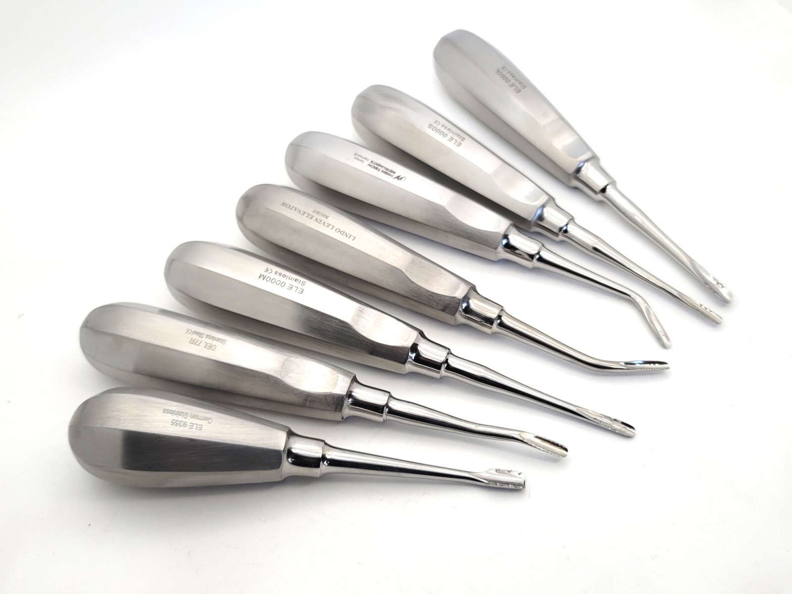 7 pcs Assorted Serrated Root Tip Straight Curved Angled Offset Dental Elevators