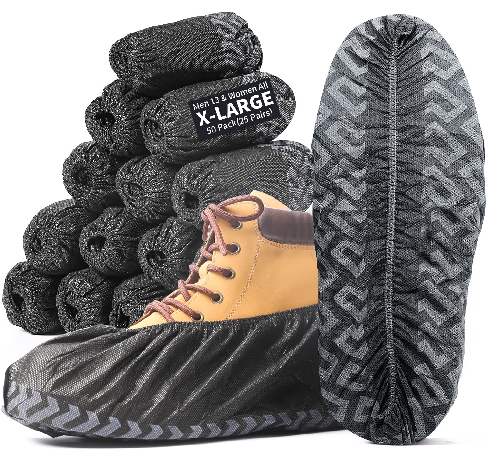 X-Large 50 Pack Disposable Non-Slip Black Shoe Covers Boot Protection