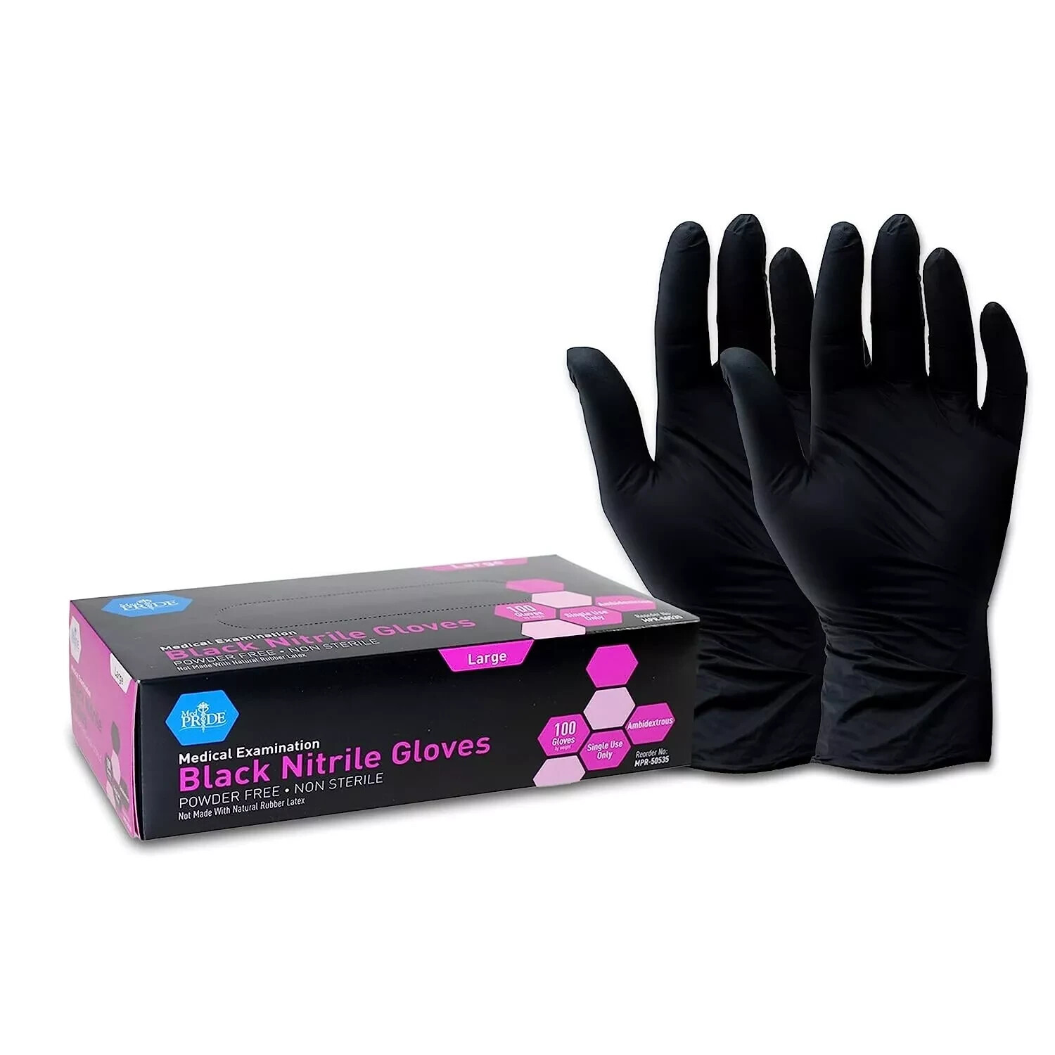 Medpride Nitrile Medical Examination Gloves-Large-Box of 100 Gloves, Black