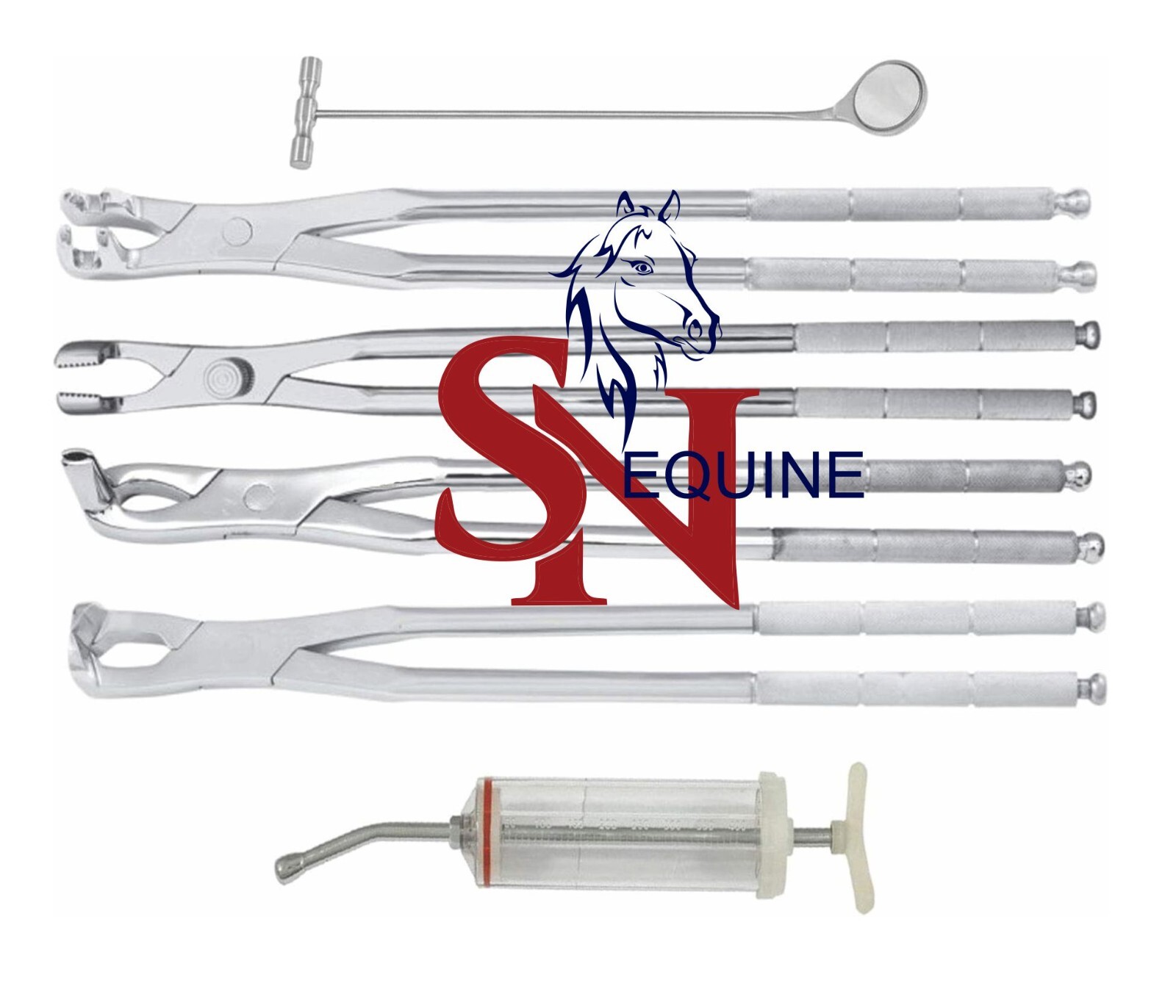 19″ Equine set of 4 Forceps, Mouth mirror and dose syringe, Equine Dental tools